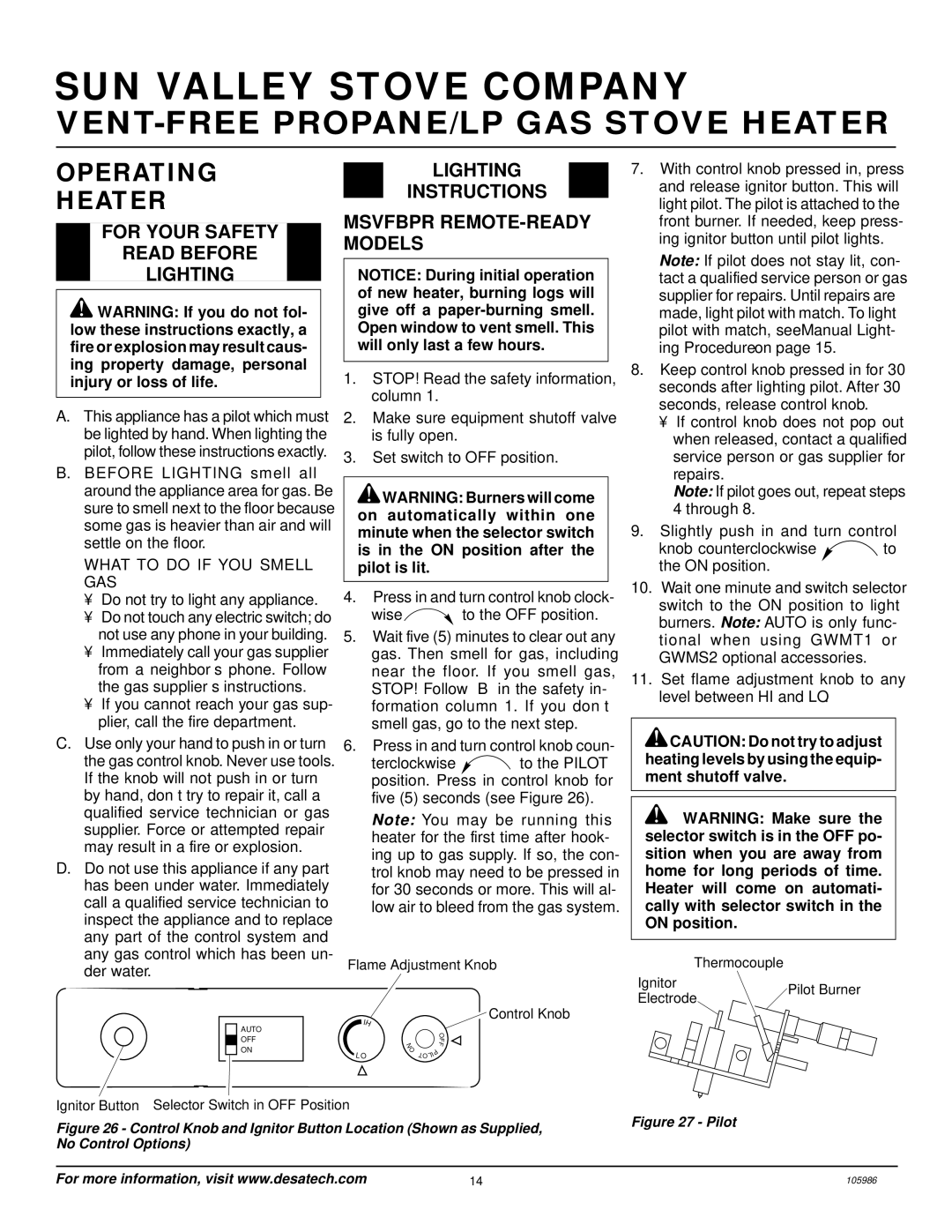 Desa MSVFBP Operating Heater, For Your Safety Read Before Lighting, Lighting Instructions Msvfbpr REMOTE-READY Models 