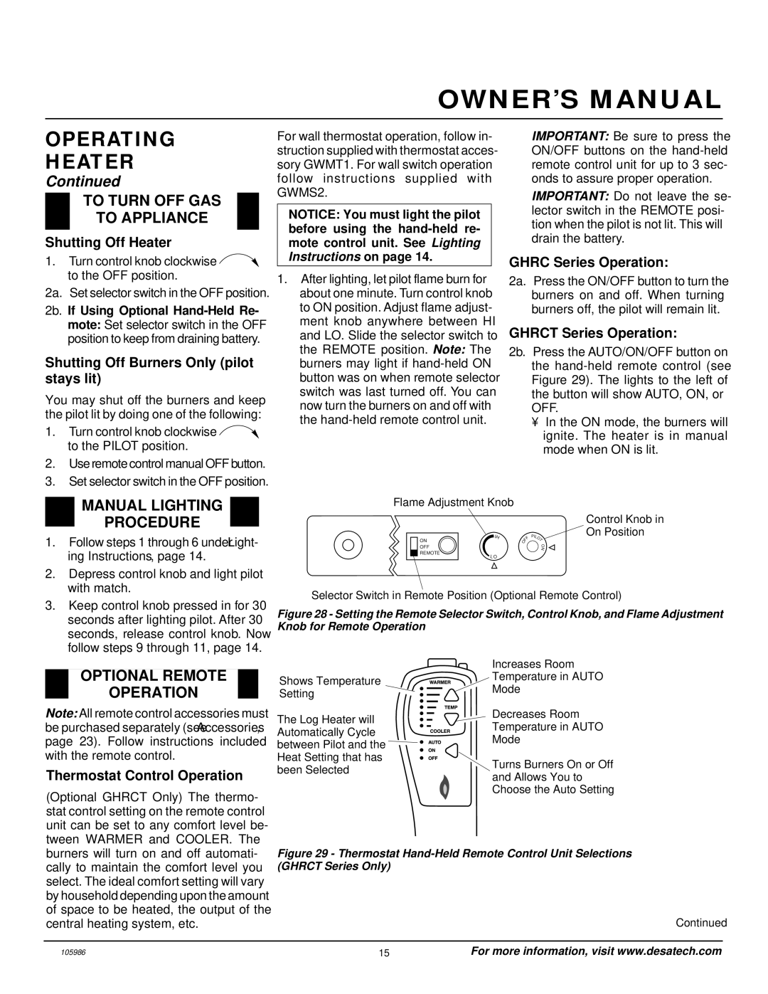 Desa MSVFBP installation manual To Turn OFF GAS To Appliance, Manual Lighting Procedure, Optional Remote Operation 