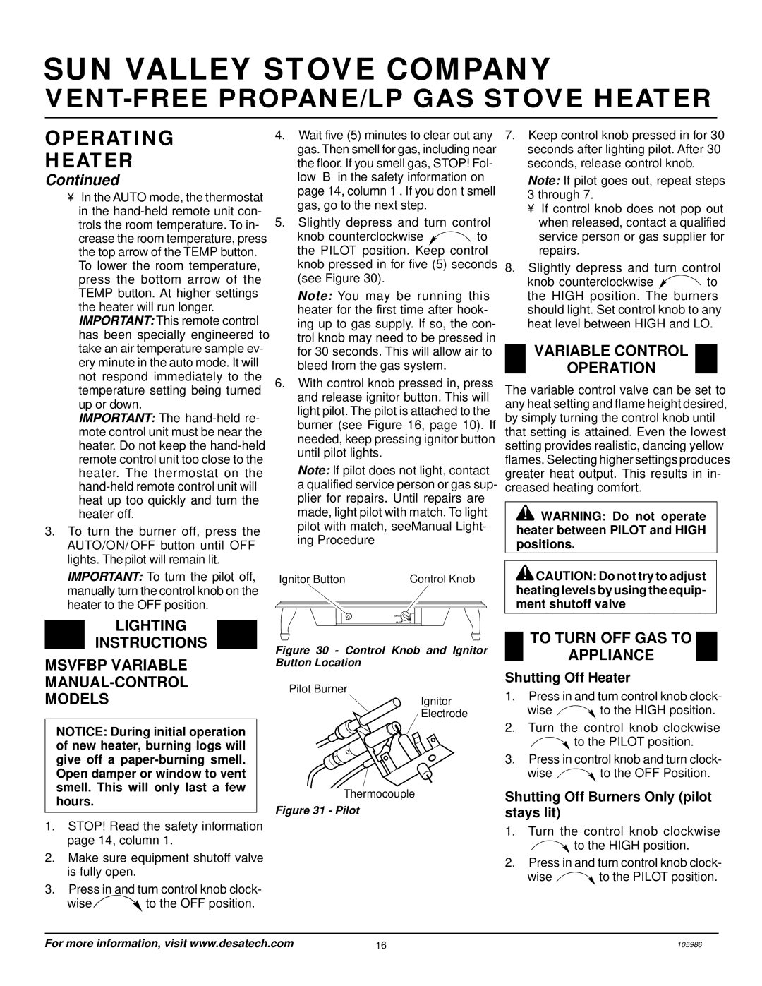 Desa MSVFBP installation manual Lighting Instructions Msvfbp Variable MANUAL-CONTROL Models, Variable Control Operation 