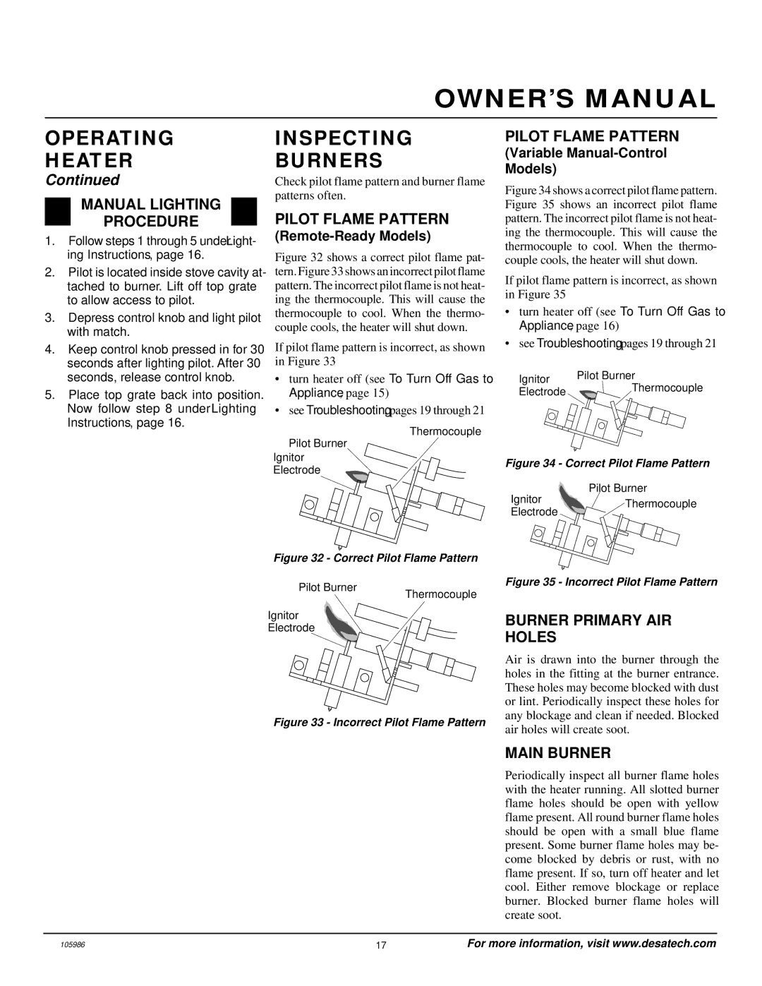 Desa MSVFBP installation manual Inspecting Burners, Pilot Flame Pattern, Burner Primary AIR Holes, Main Burner 