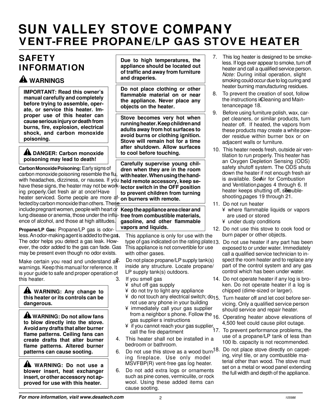 Desa MSVFBP installation manual SUN Valley Stove Company, Safety Information 