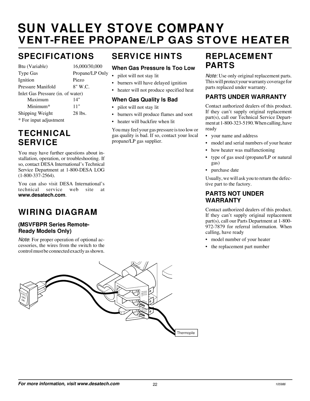 Desa MSVFBP installation manual Specifications Service Hints Replacement, Technical Service, Parts, Wiring Diagram 