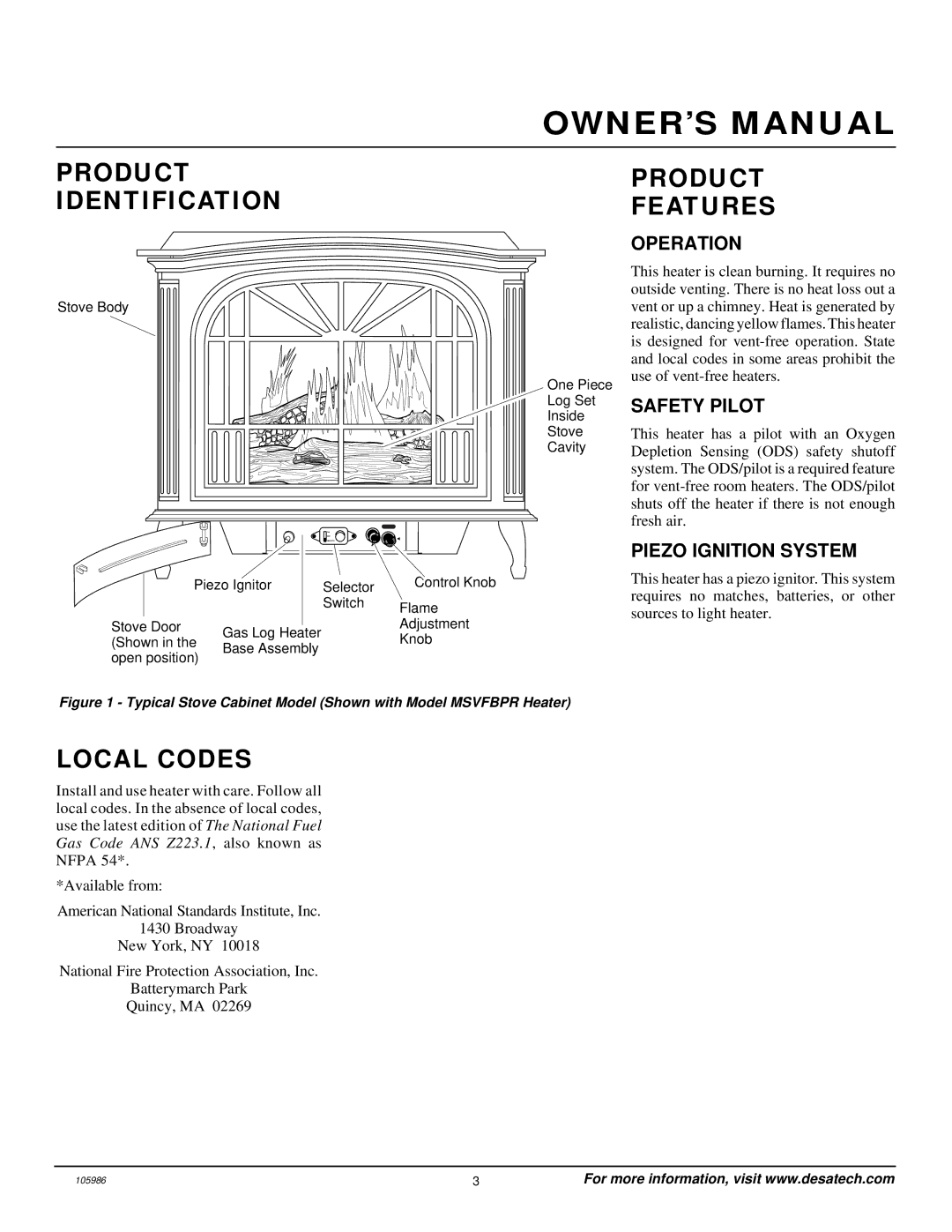 Desa MSVFBP installation manual Product Identification, Product Features, Local Codes 