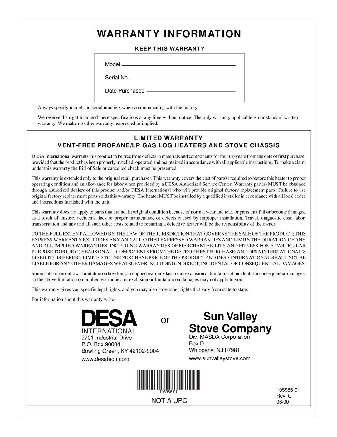 Desa MSVFBP installation manual Warranty Information, International 