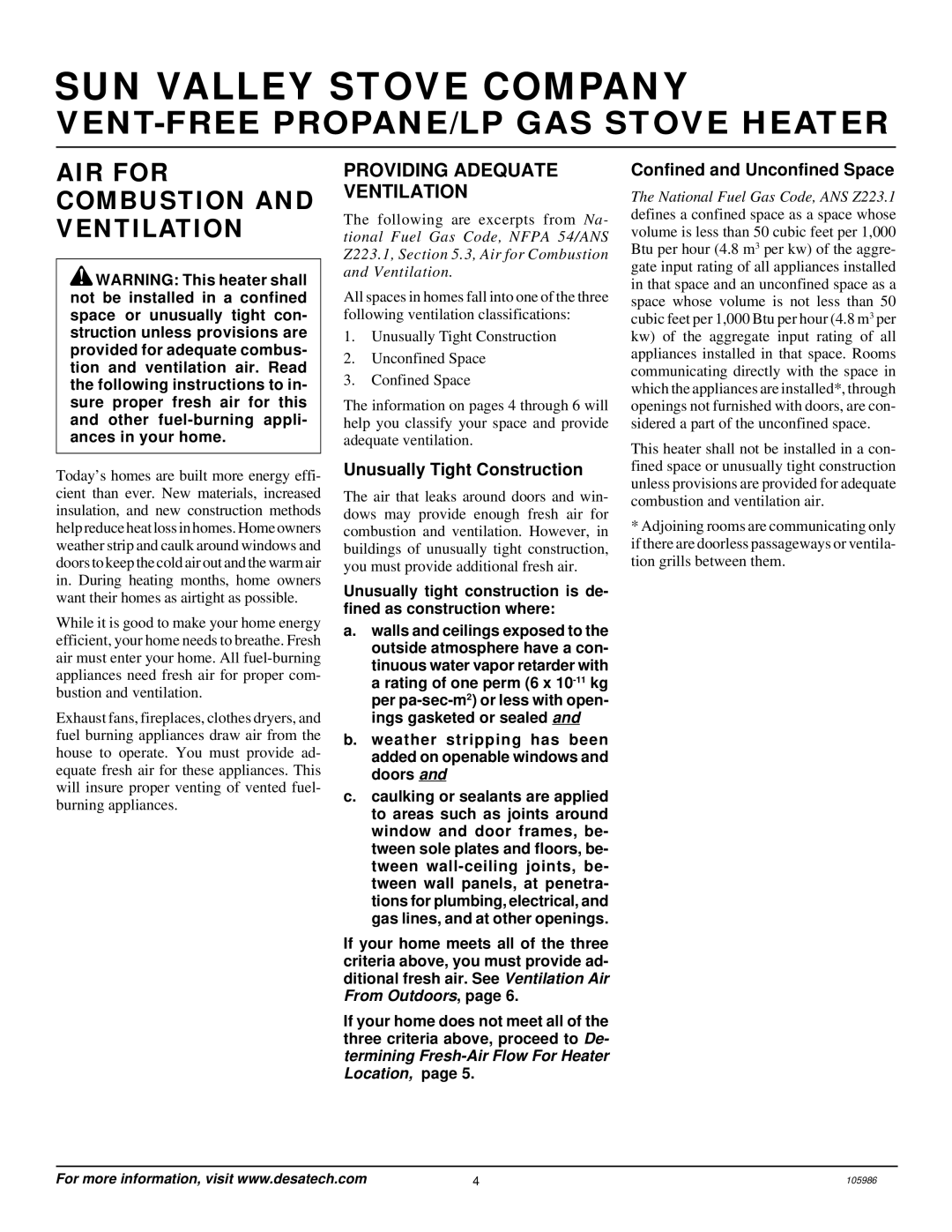 Desa MSVFBP AIR for Combustion and Ventilation, Providing Adequate Ventilation, Unusually Tight Construction 