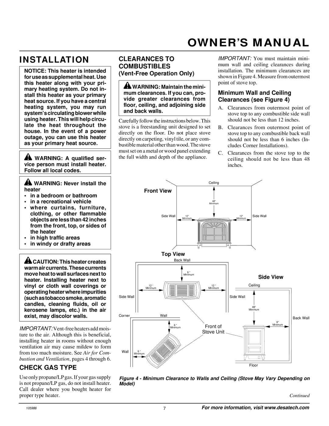 Desa MSVFBP installation manual Installation, Clearances to Combustibles, Check GAS Type, Vent-Free Operation Only 