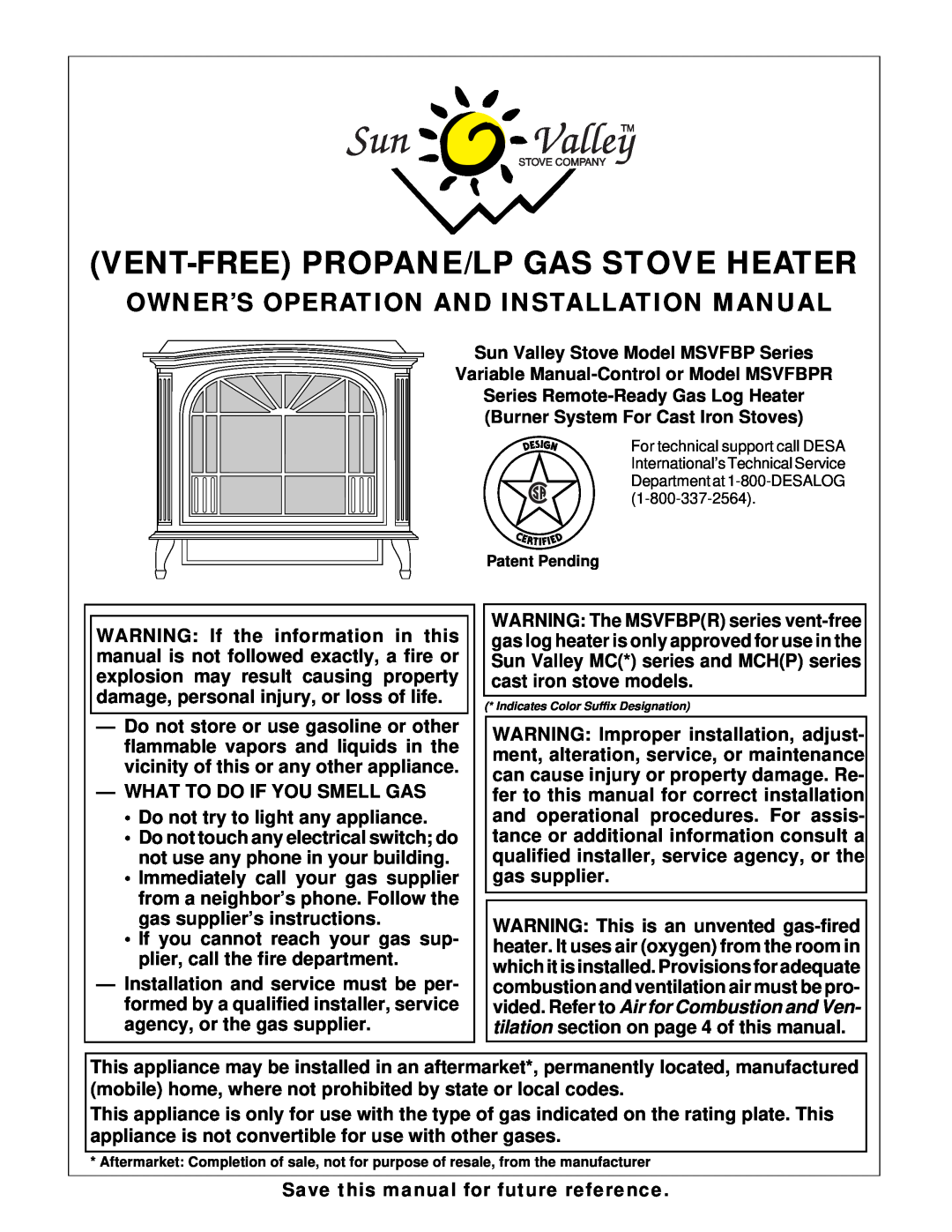 Desa MSVFBP installation manual Vent-Freepropane/Lp Gas Stove Heater, Owner’S Operation And Installation Manual 
