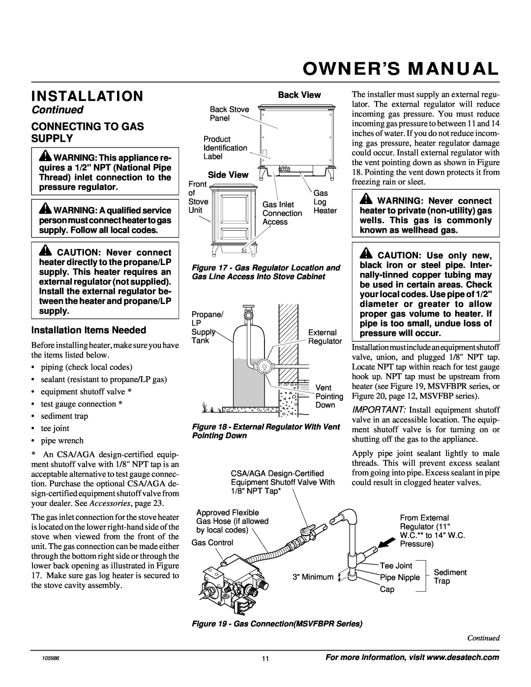 Desa MSVFBP installation manual Connecting To Gas Supply, Installation Items Needed, Continued 