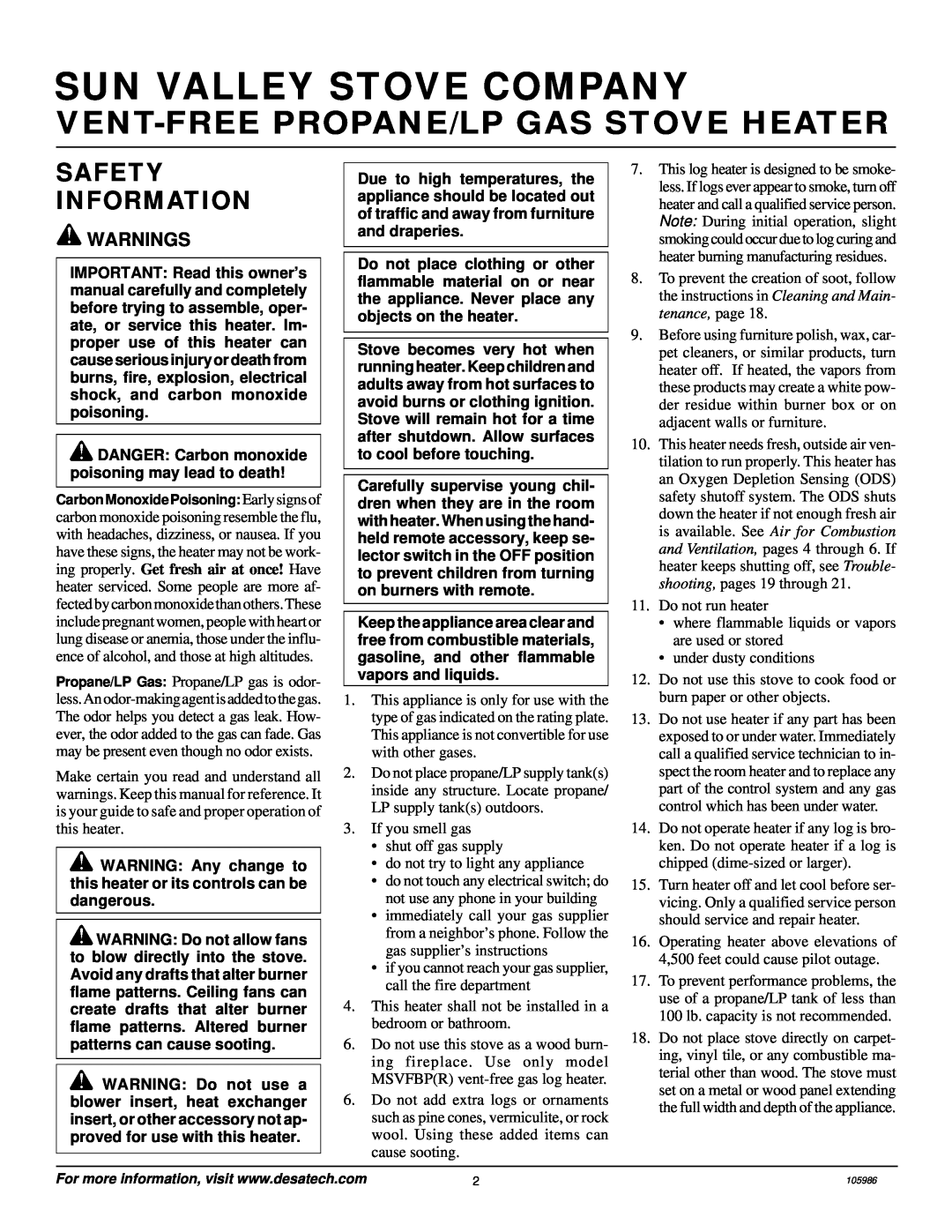 Desa MSVFBP Sun Valley Stove Company, Safety Information, Warnings, Vent-Freepropane/Lp Gas Stove Heater 