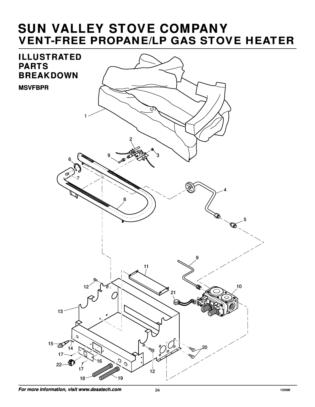 Desa MSVFBP Illustrated Parts Breakdown, Msvfbpr, Sun Valley Stove Company, Vent-Freepropane/Lp Gas Stove Heater, 105986 