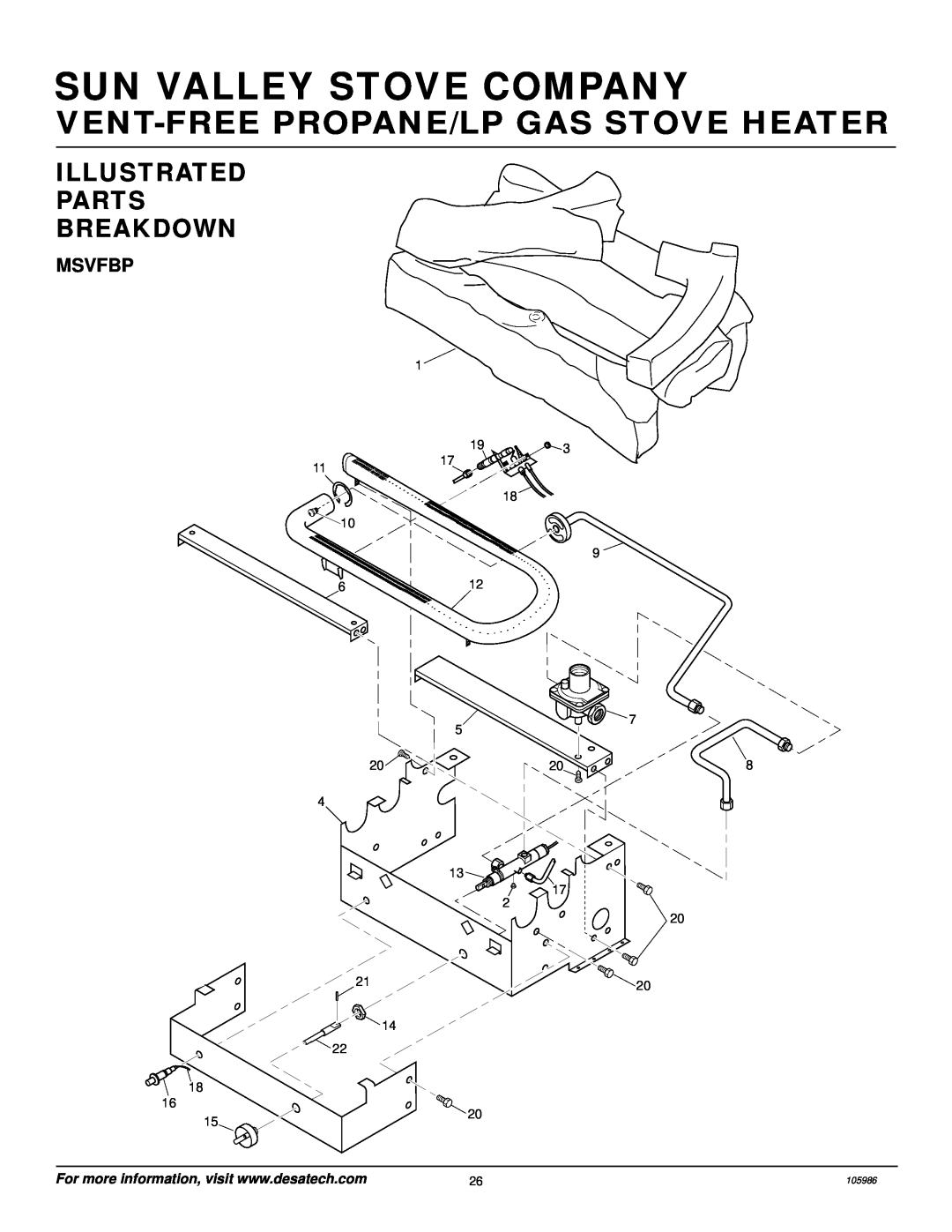 Desa MSVFBP Msvfbp, Sun Valley Stove Company, Vent-Freepropane/Lp Gas Stove Heater, Illustrated Parts Breakdown, 105986 