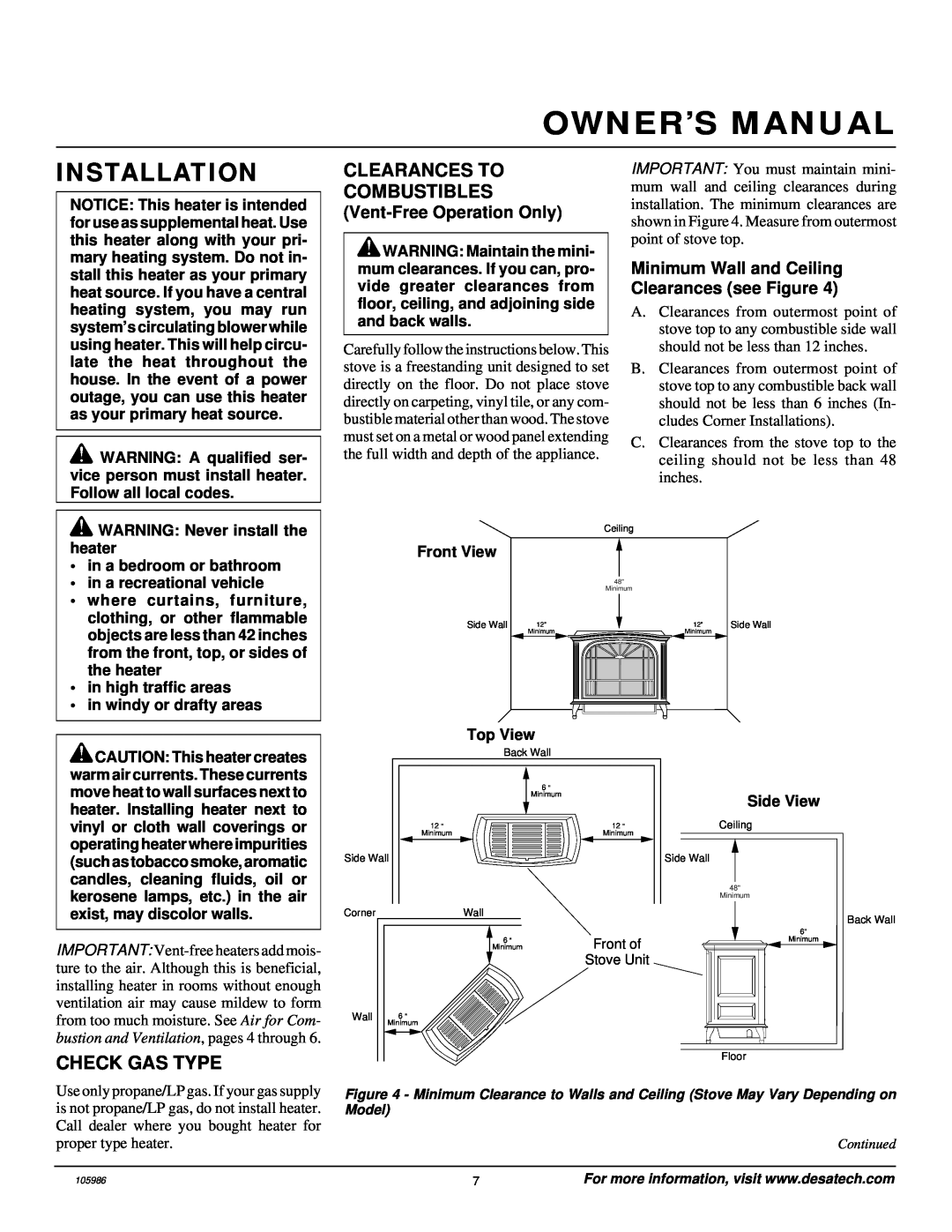 Desa MSVFBP installation manual Installation, Clearances To Combustibles, Check Gas Type, Vent-FreeOperation Only 