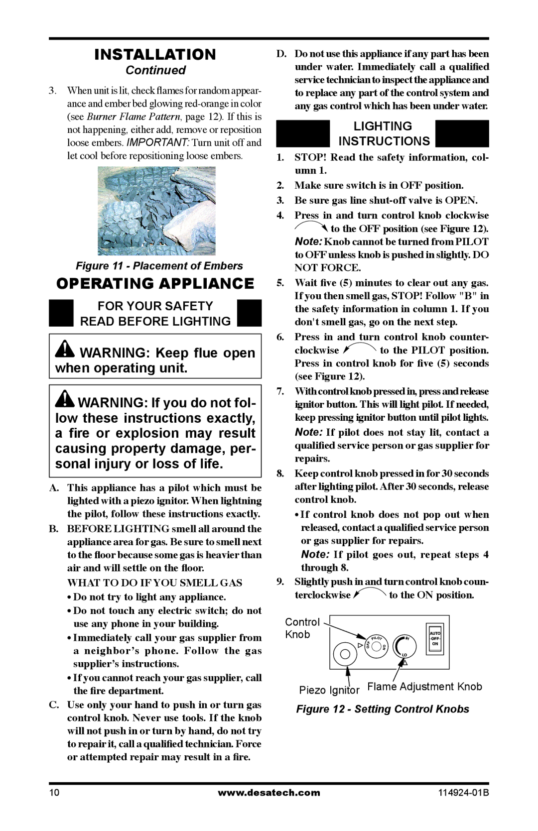 Desa MVO24VPA, MVO18VPA, MVO24VNA, MVO18VNA Operating Appliance, For Your Safety Read Before Lighting, Lighting Instructions 