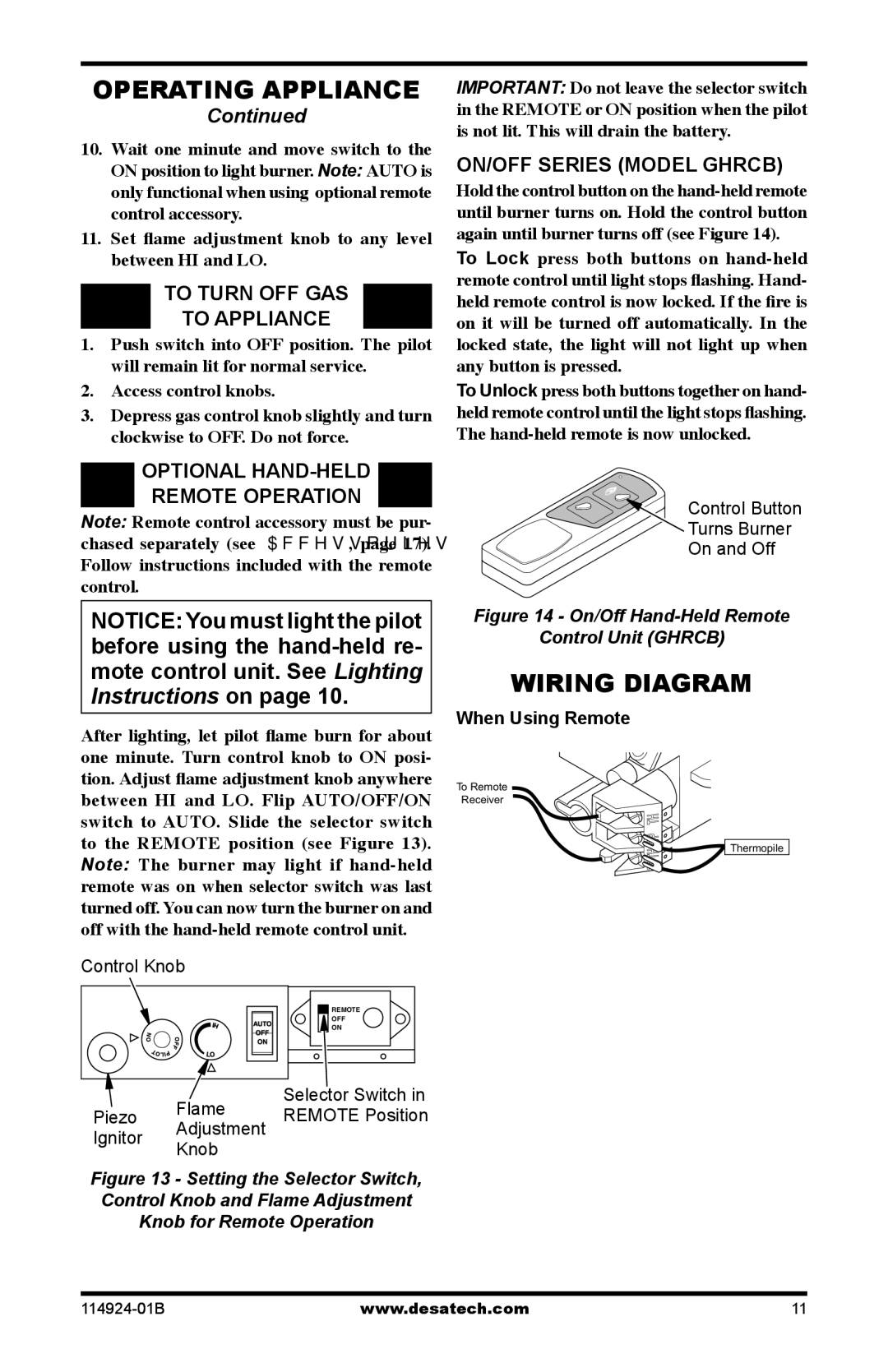 Desa MVO18VNA Wiring Diagram, To Turn OFF GAS To Appliance, Optional HAND-HELD Remote Operation, ON/OFF Series Model Ghrcb 