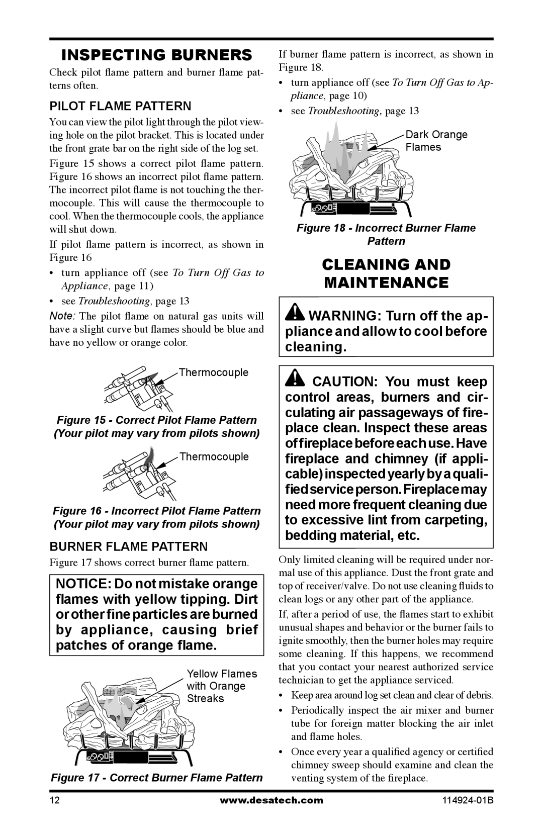 Desa MVO18VPA, MVO24VNA, MVO24VPA, MVO18VNA installation manual Inspecting Burners, Cleaning Maintenance, Pilot Flame Pattern 
