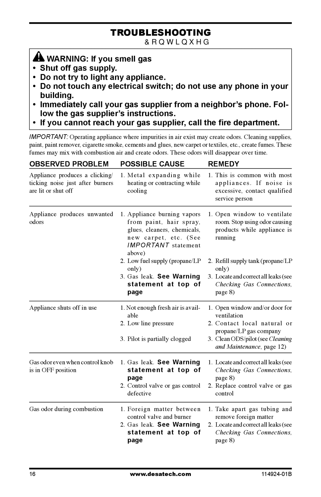 Desa MVO18VPA, MVO24VNA, MVO24VPA, MVO18VNA installation manual Statement at top, Gas leak. See Warning statement at top 