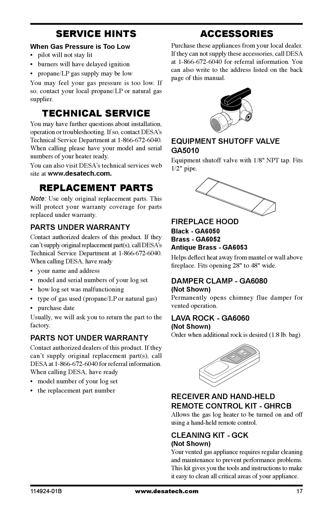 Desa MVO24VNA, MVO18VPA, MVO24VPA, MVO18VNA Service Hints, Technical Service, Accessories, Replacement Parts 