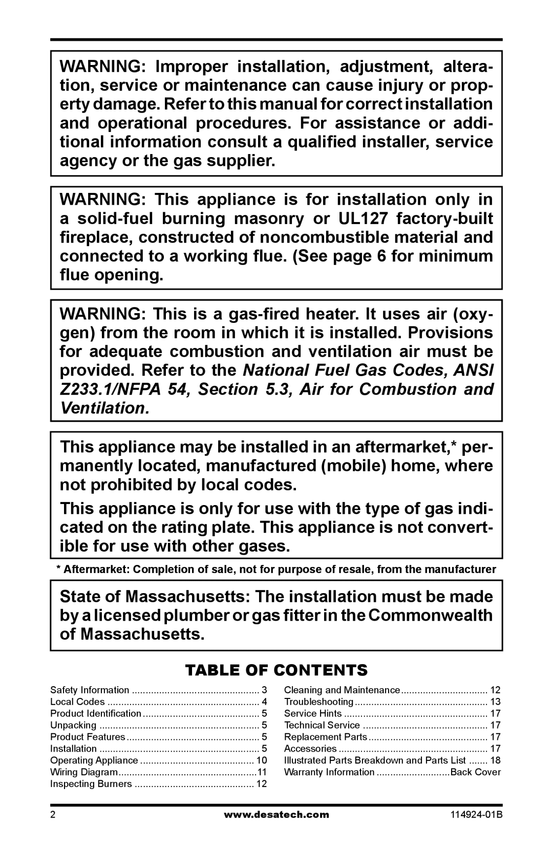 Desa MVO24VPA, MVO18VPA, MVO24VNA, MVO18VNA installation manual Table of Contents 