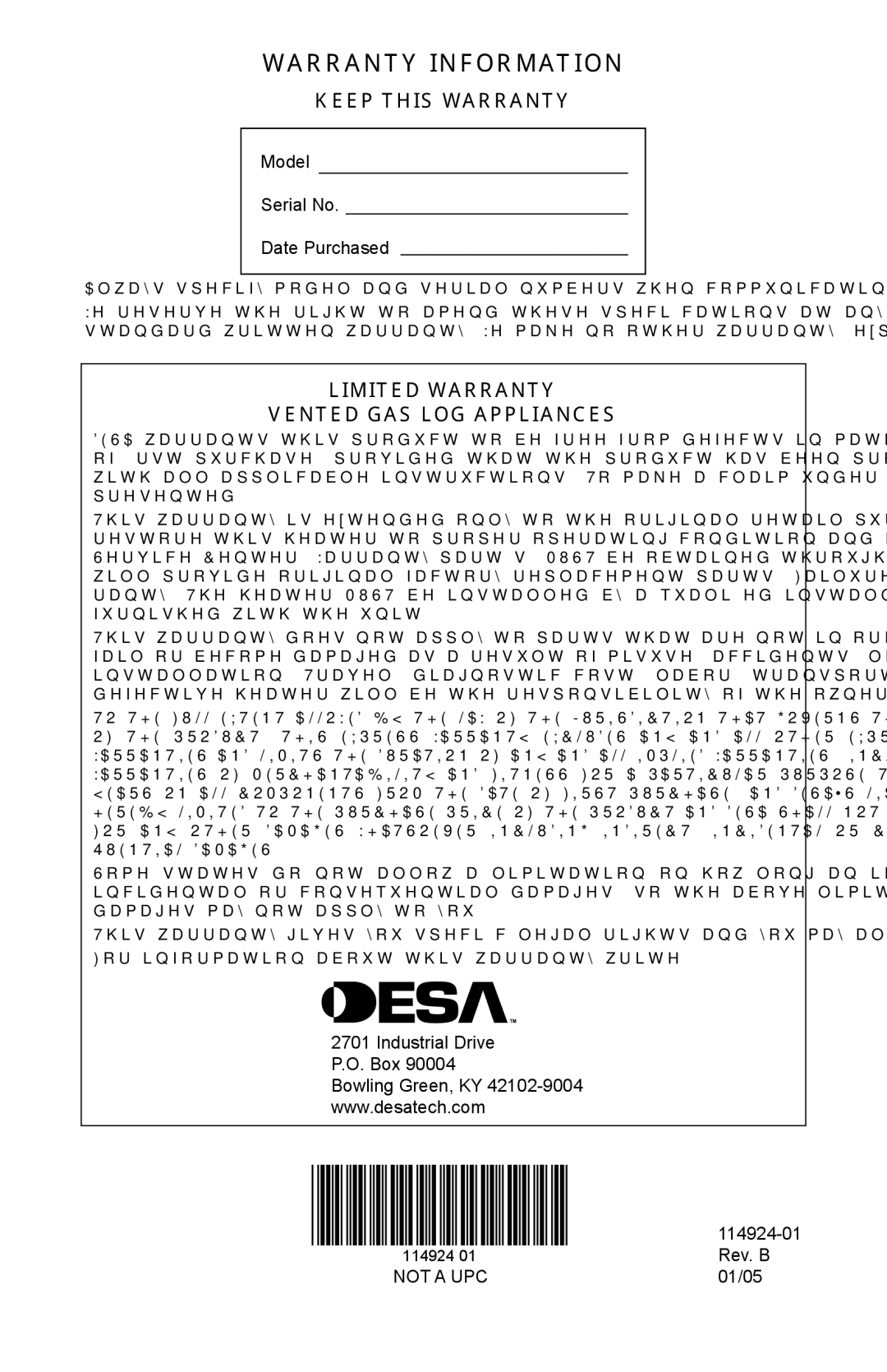 Desa MVO18VPA, MVO24VNA, MVO24VPA Warranty Information, Keep this Warranty, Limited Warranty Vented GAS LOG Appliances 