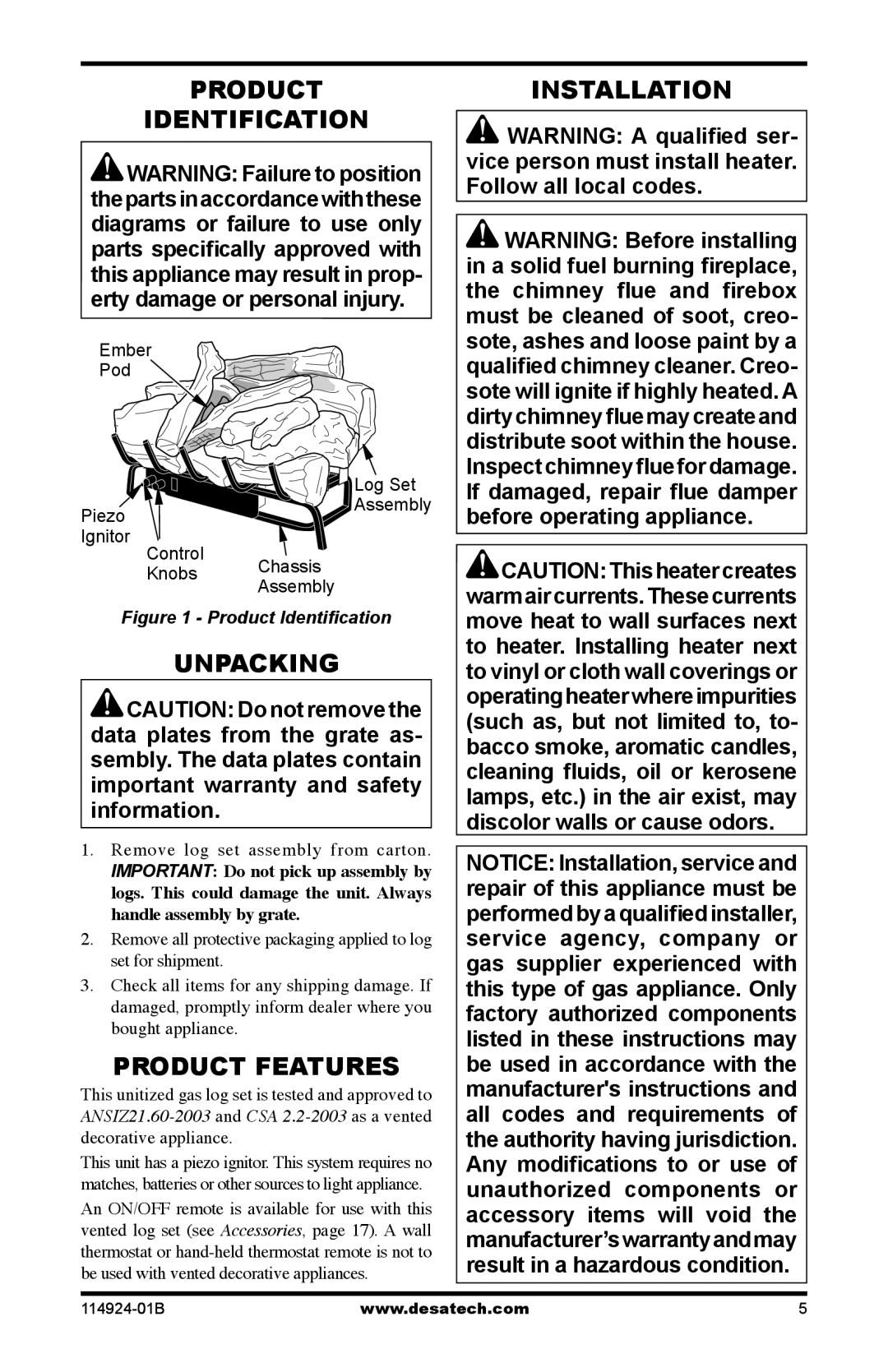 Desa MVO24VNA, MVO18VPA Product Identification, Product Features, Installation, Remove log set assembly from carton 