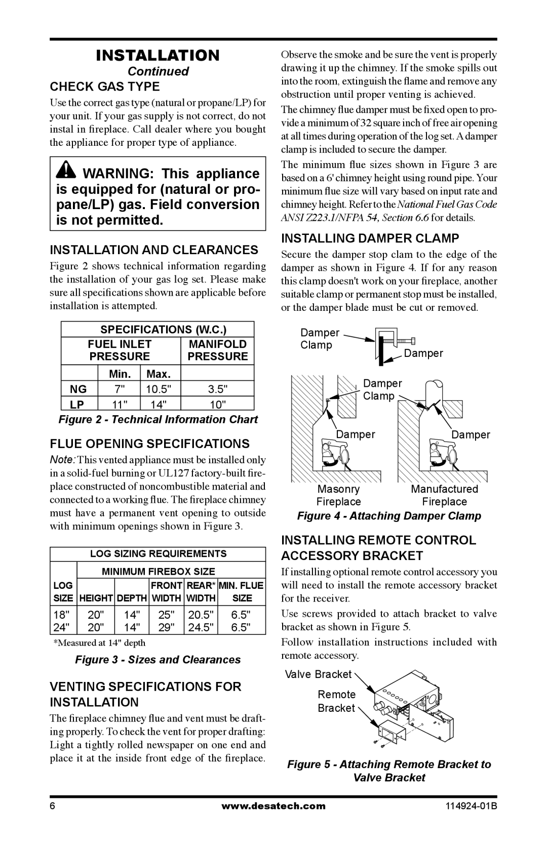 Desa MVO24VPA Check GAS Type, Installation and Clearances, Flue Opening Specifications, Venting Specifications for 