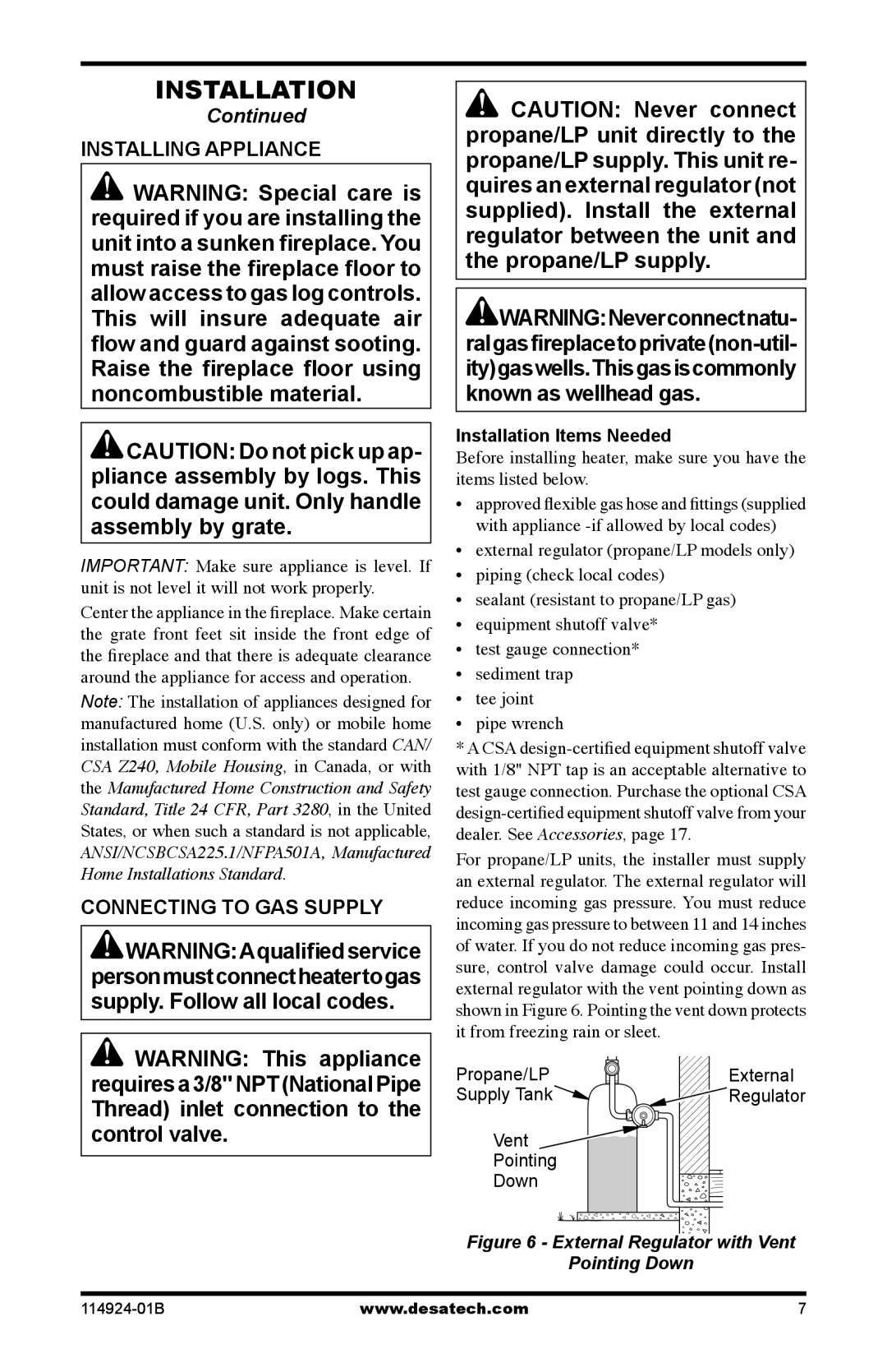 Desa MVO18VNA, MVO18VPA, MVO24VNA, MVO24VPA Installing Appliance, Connecting to GAS Supply, Installation Items Needed 