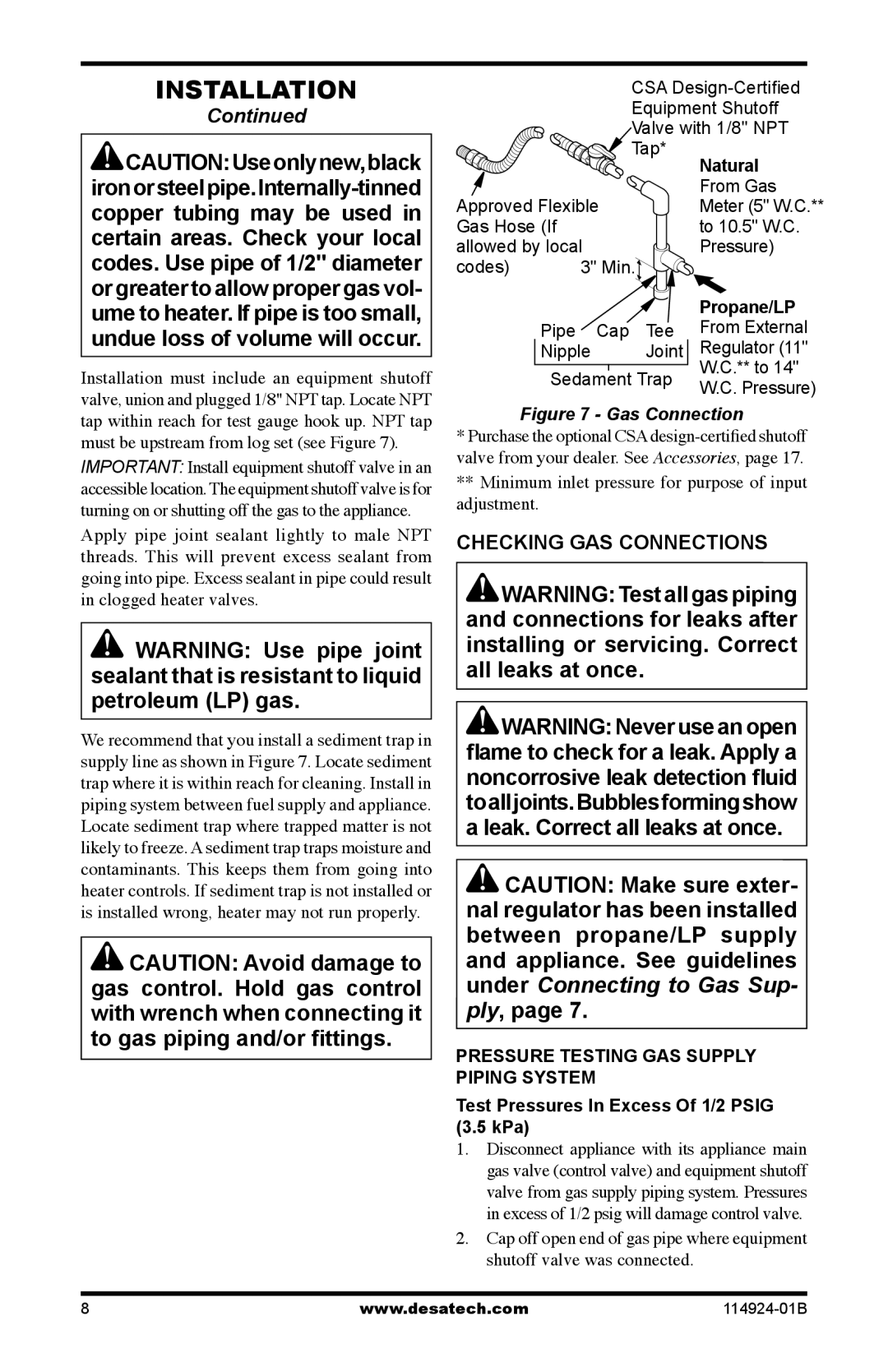 Desa MVO18VPA, MVO24VNA, MVO24VPA Checking GAS Connections, Natural, Propane/LP, Test Pressures In Excess Of 1/2 Psig, KPa 