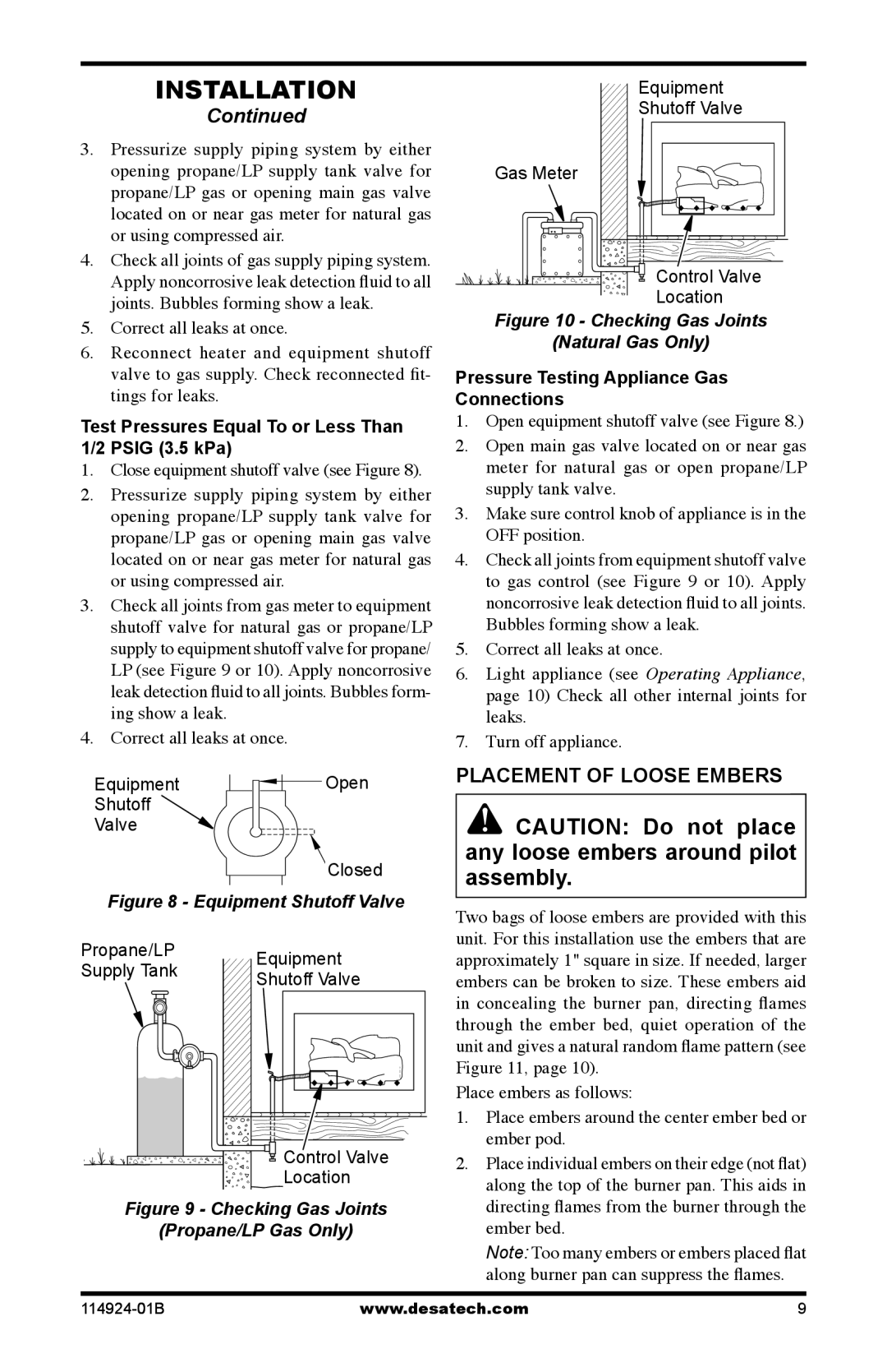 Desa MVO24VNA, MVO18VPA, MVO24VPA, MVO18VNA Placement of Loose Embers, Test Pressures Equal To or Less Than 1/2 Psig 3.5 kPa 