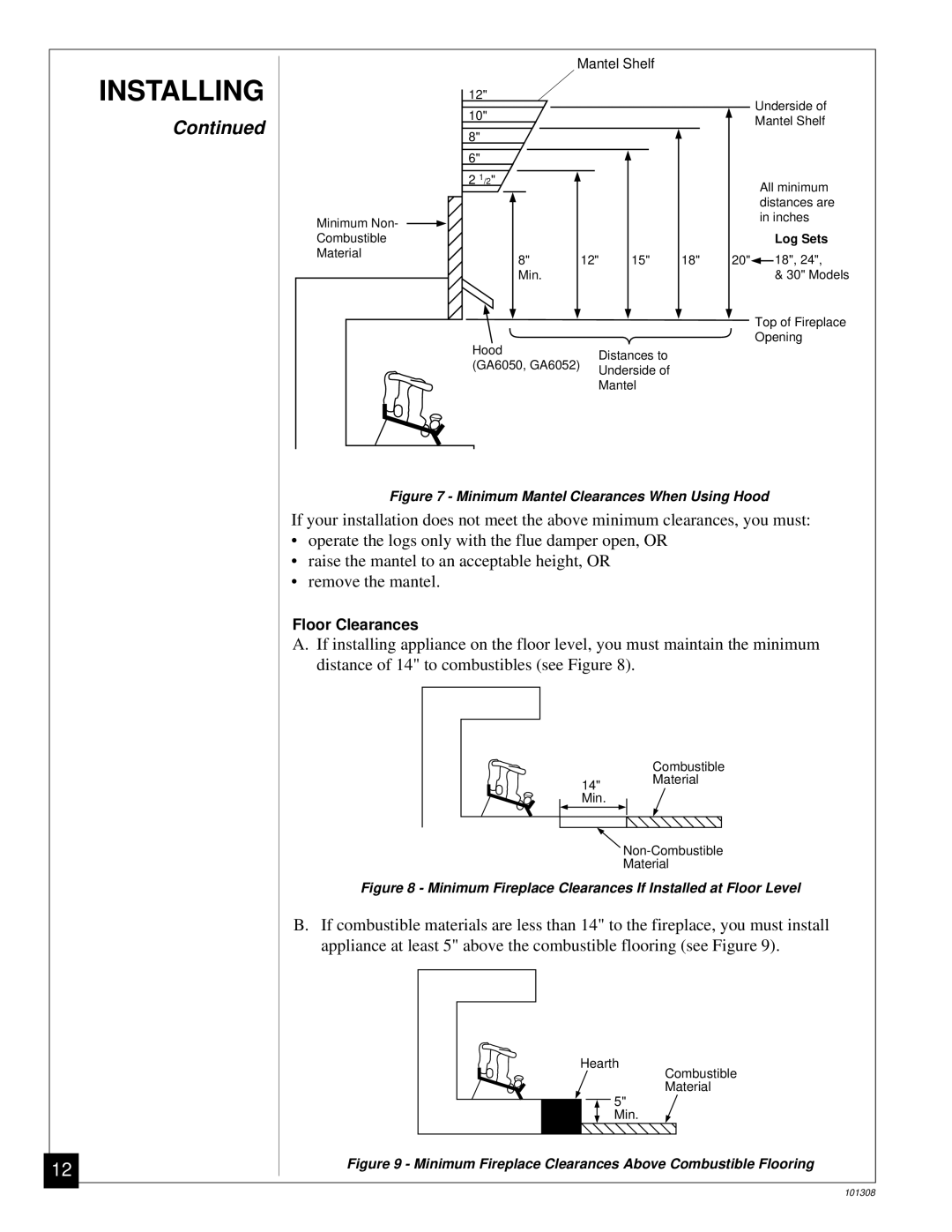 Desa NATURAL GAS LOG HEATER installation manual Floor Clearances 