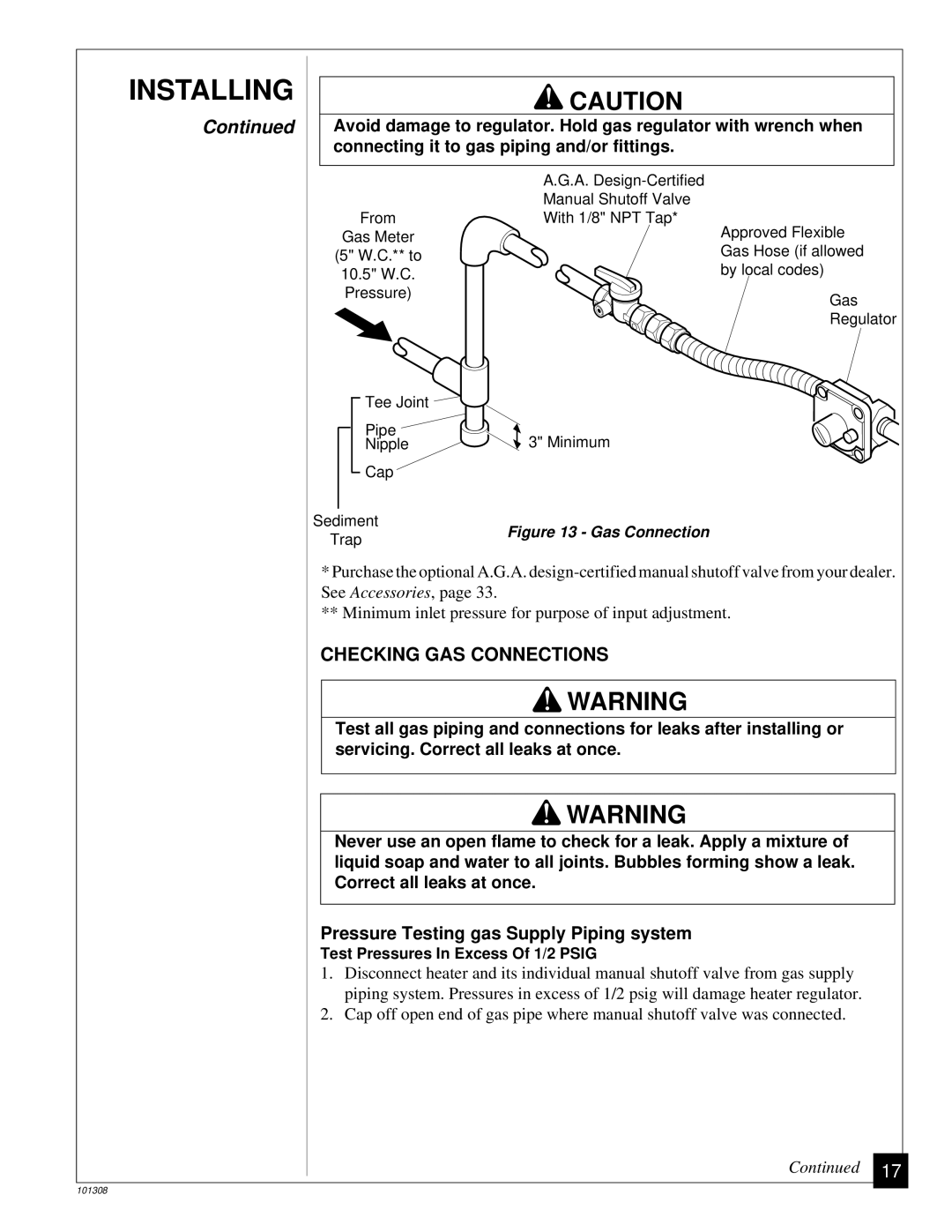 Desa NATURAL GAS LOG HEATER installation manual Checking GAS Connections, Gas Connection 