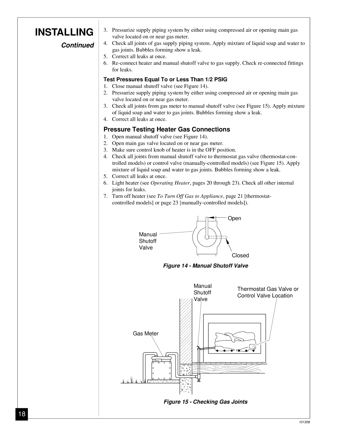 Desa NATURAL GAS LOG HEATER Pressure Testing Heater Gas Connections, Test Pressures Equal To or Less Than 1/2 Psig 