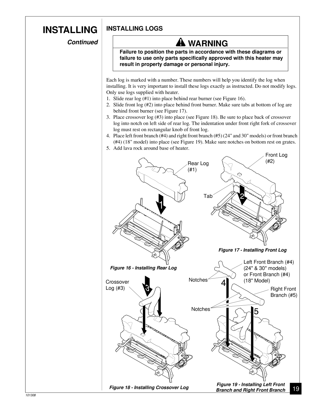 Desa NATURAL GAS LOG HEATER installation manual Installing Logs, Installing Front Log 