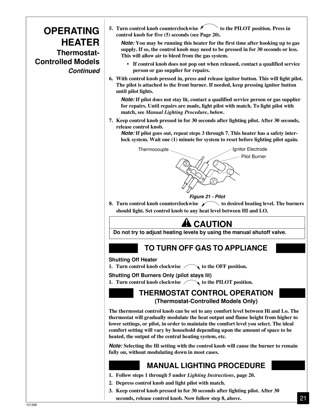 Desa NATURAL GAS LOG HEATER installation manual Operating, Heater, Thermostat-Controlled Models Only 