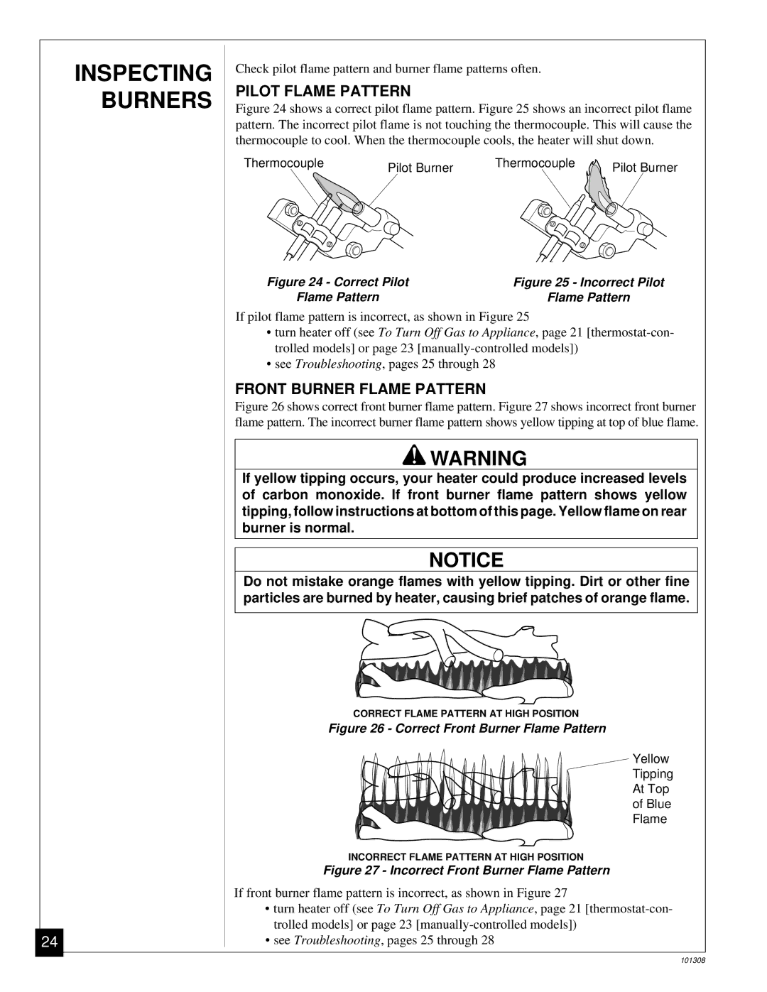 Desa NATURAL GAS LOG HEATER installation manual Inspecting Burners, Pilot Flame Pattern, Front Burner Flame Pattern 