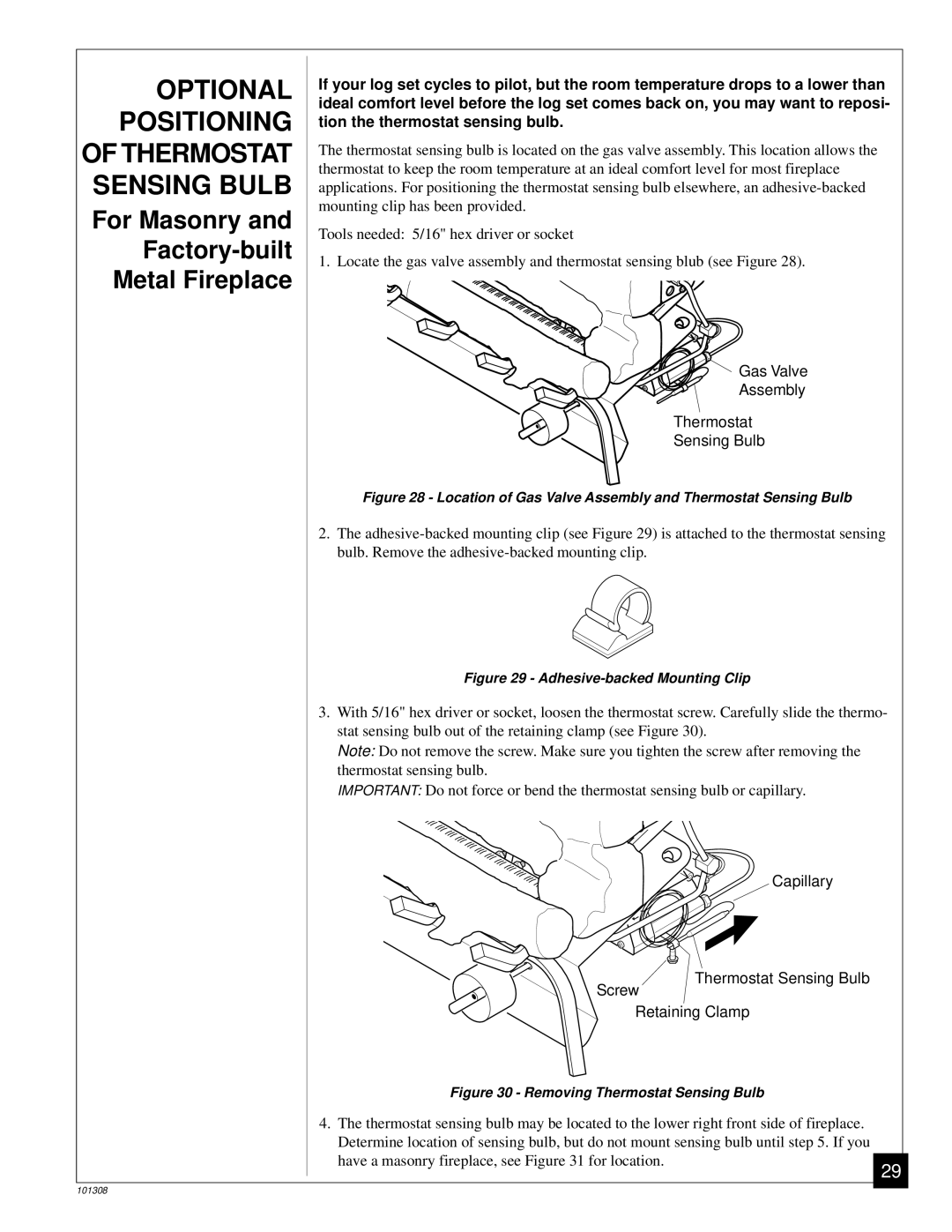 Desa NATURAL GAS LOG HEATER installation manual Optional, Positioning, Sensing Bulb 