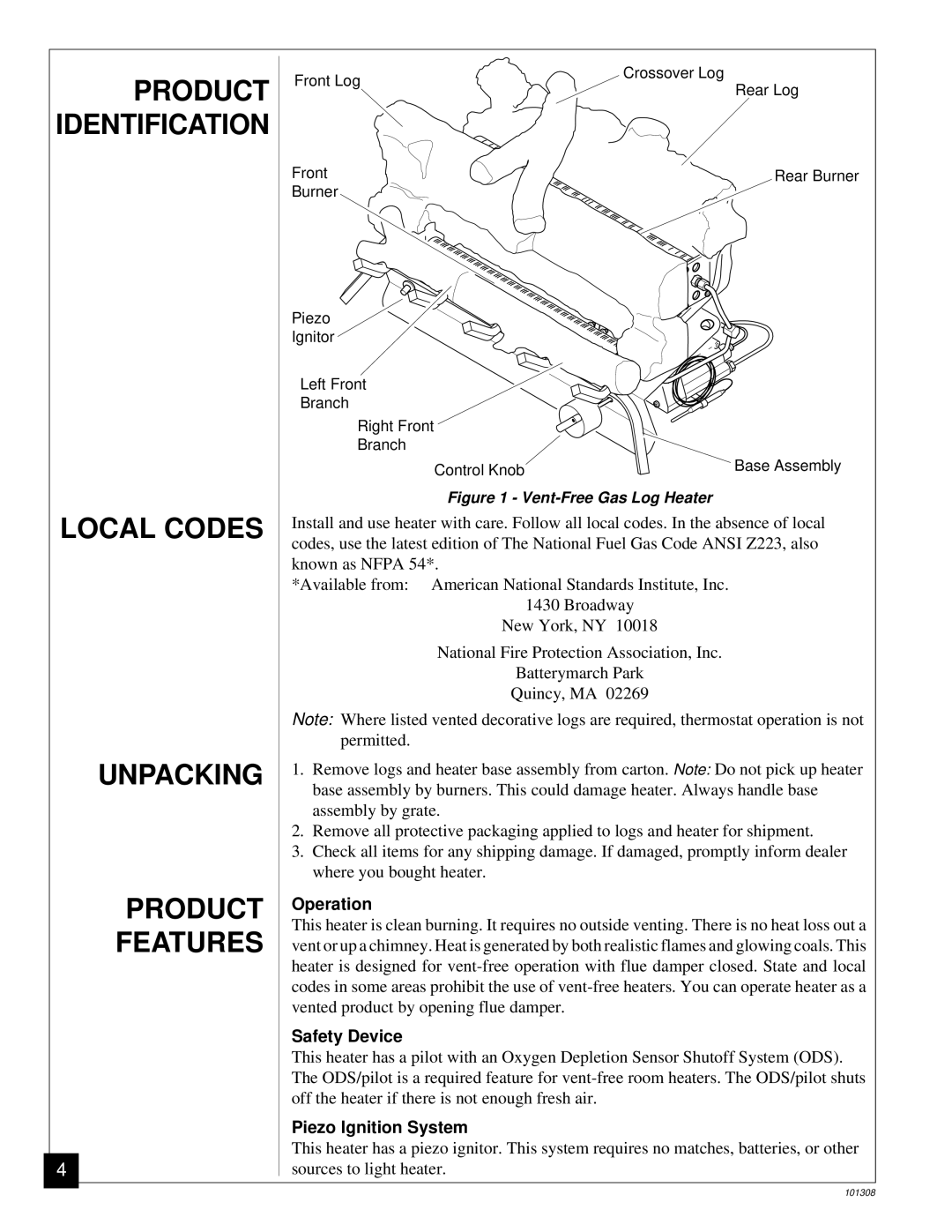 Desa NATURAL GAS LOG HEATER Local Codes Unpacking Product Features, Product Identification, Operation, Safety Device 