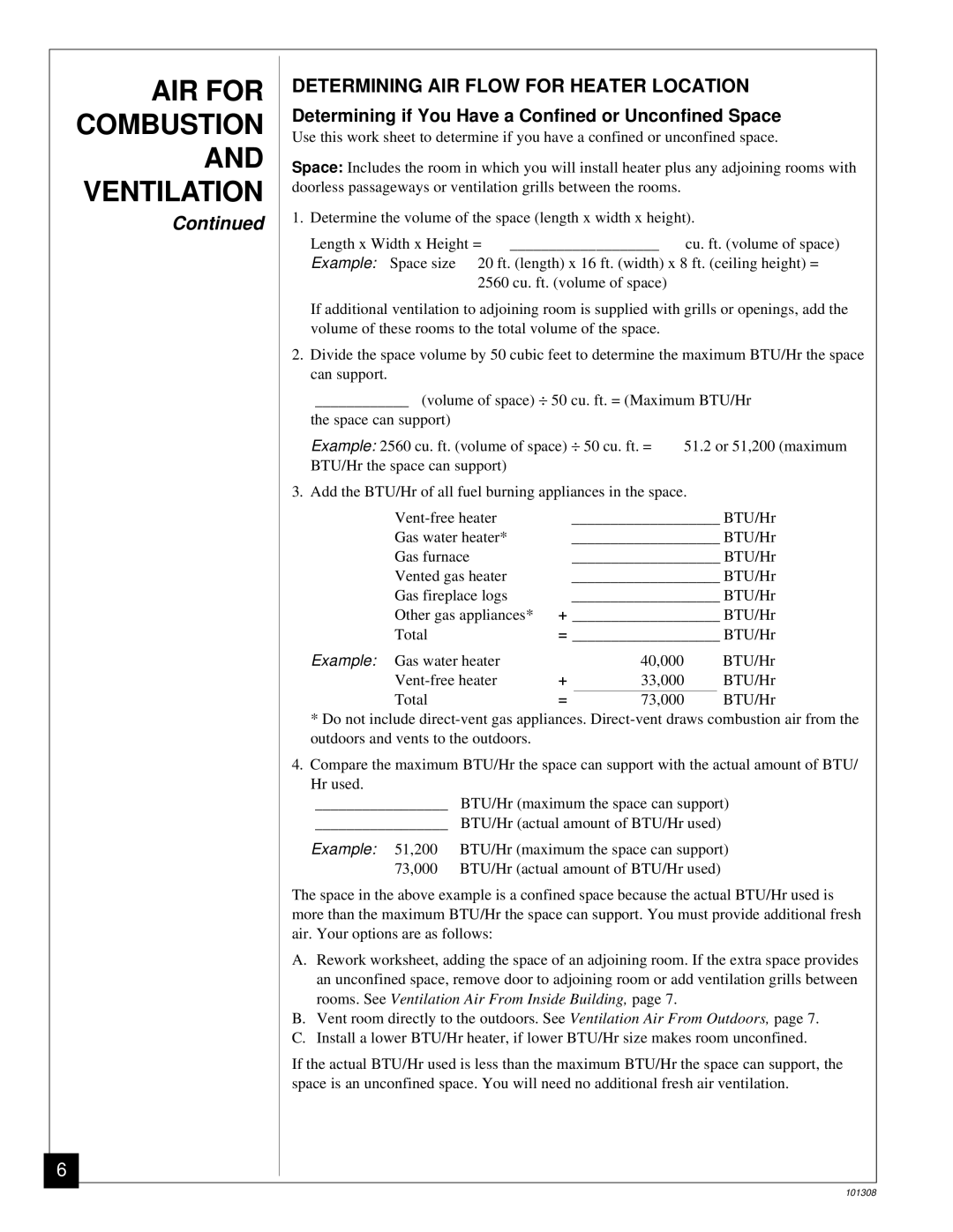 Desa NATURAL GAS LOG HEATER AIR for Combustion and Ventilation, Determining AIR Flow for Heater Location 