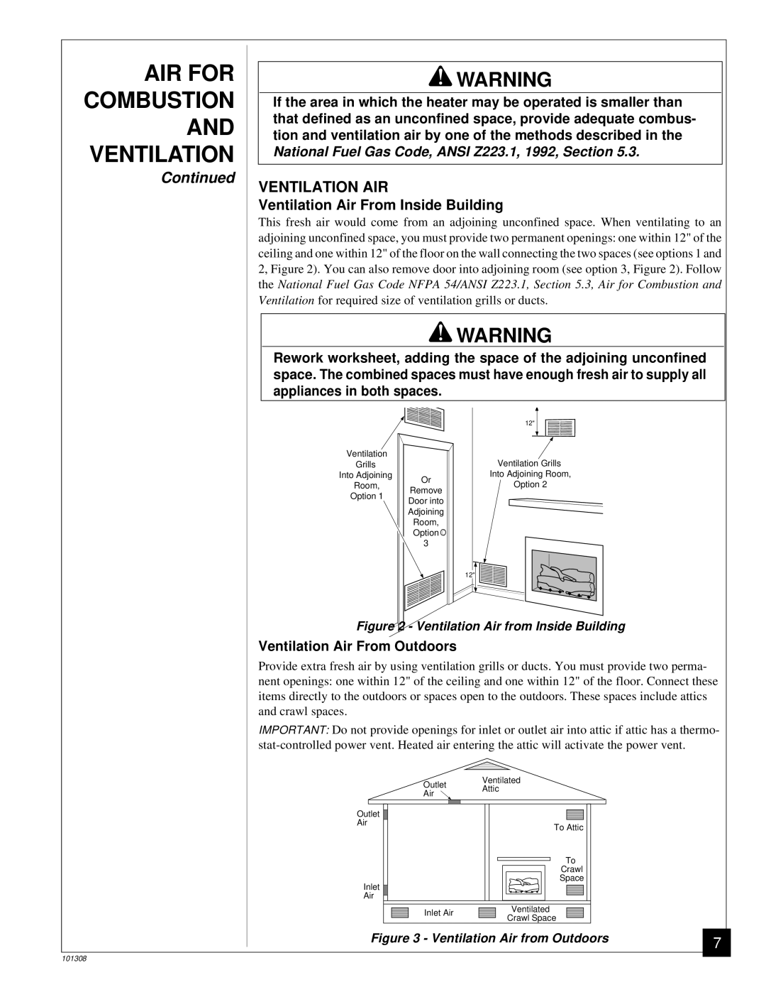 Desa NATURAL GAS LOG HEATER installation manual AIR for, Combustion, Ventilation AIR 