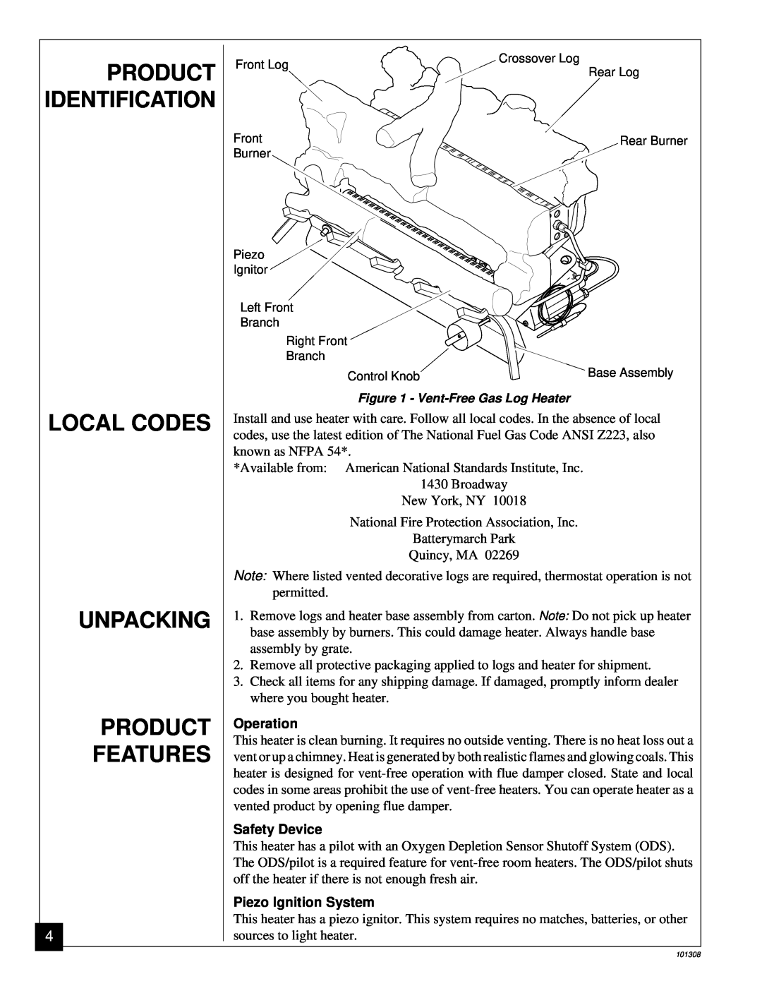 Desa NATURAL GAS LOG HEATER installation manual Local Codes Unpacking Product Features, Product Identification 
