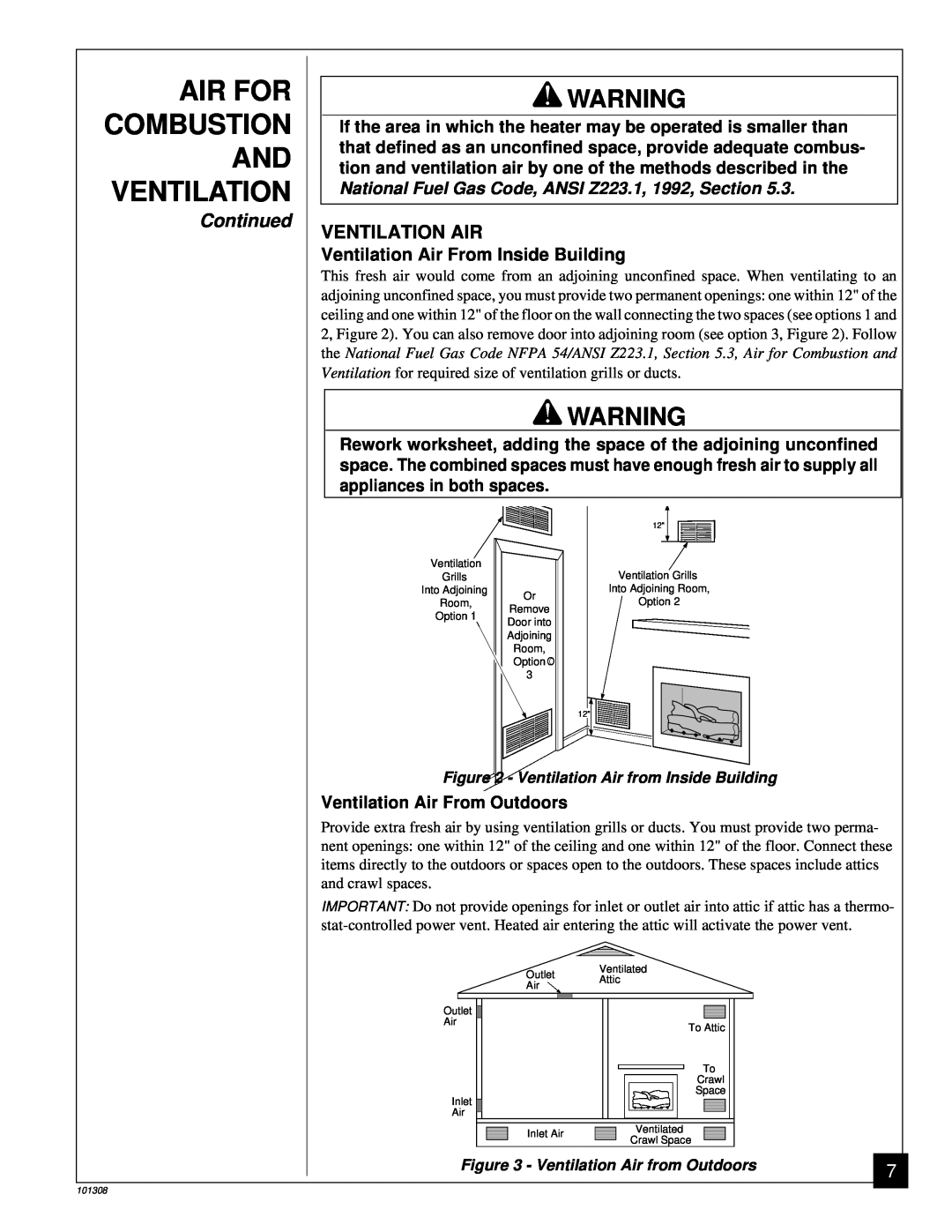 Desa NATURAL GAS LOG HEATER installation manual Combustion, Air For, Continued, Ventilation Air 
