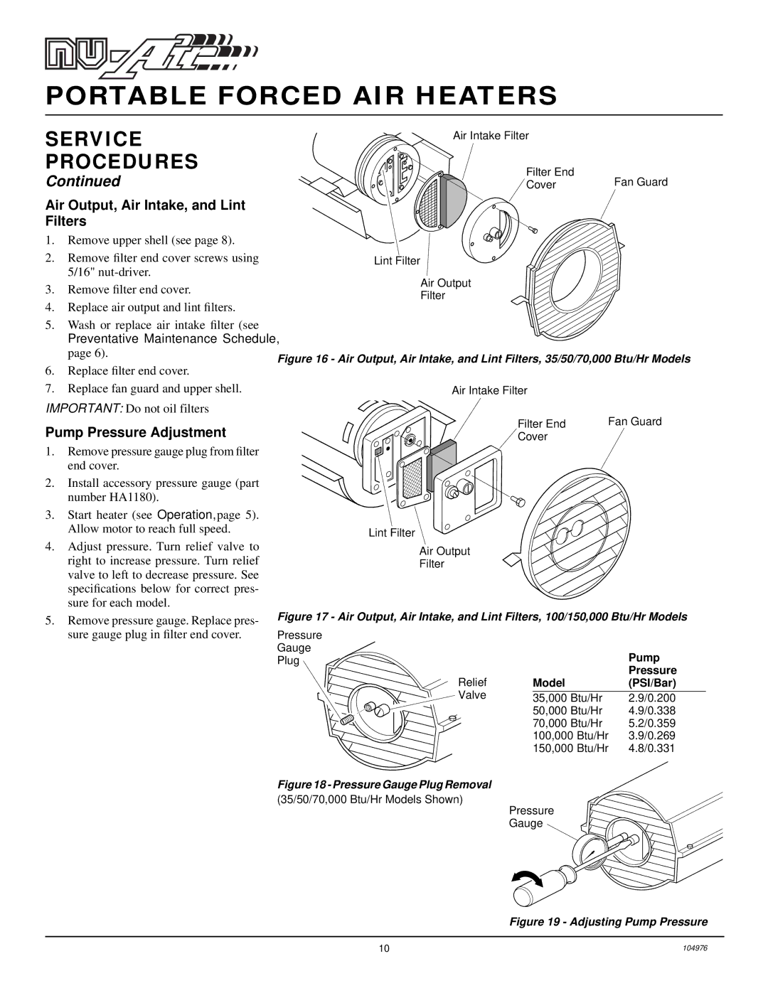 Desa NTH150, NTH50, NTH100, NTH70, NTH35 owner manual Air Output, Air Intake, and Lint Filters, Pump Pressure Adjustment 