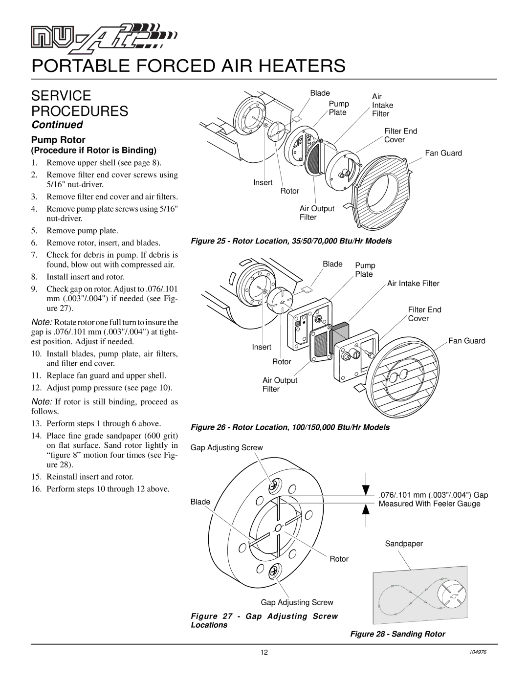 Desa NTH100, NTH150, NTH50, NTH70, NTH35 owner manual Pump Rotor, Procedure if Rotor is Binding 