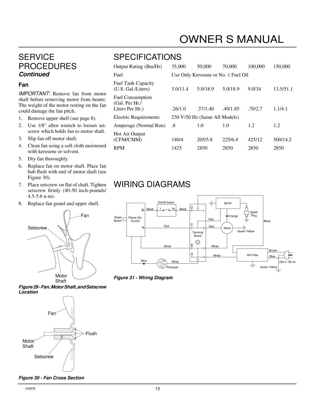 Desa NTH70, NTH150, NTH50, NTH100, NTH35 owner manual Specifications, Wiring Diagrams, Fan 