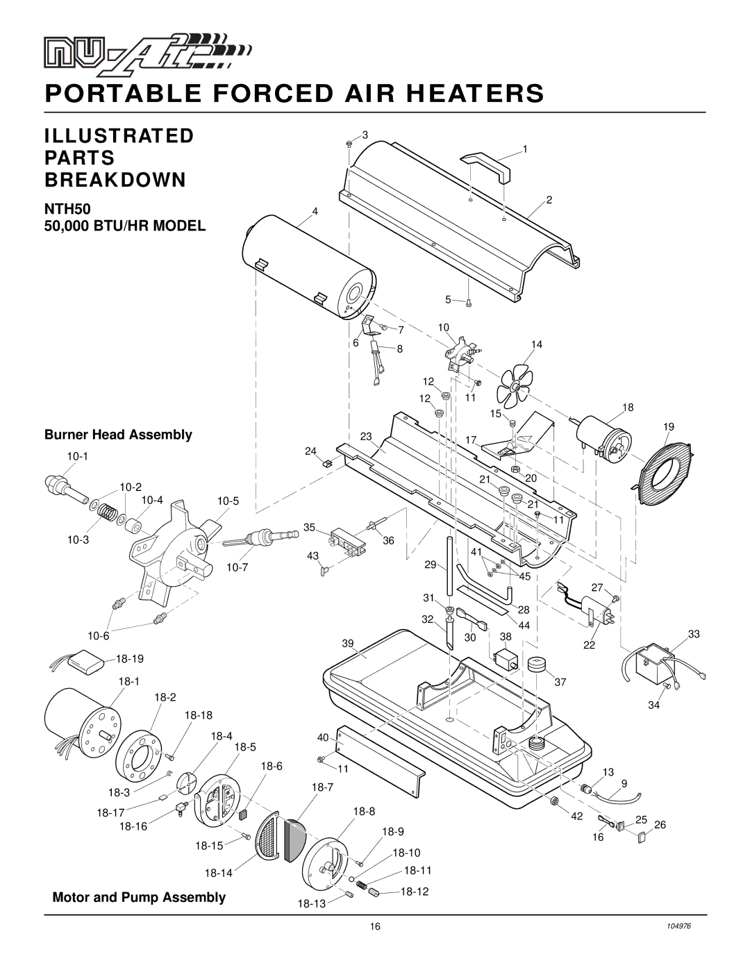 Desa NTH150, NTH100, NTH70, NTH35 owner manual NTH50 50,000 BTU/HR Model, Burner Head Assembly, Motor and Pump Assembly 