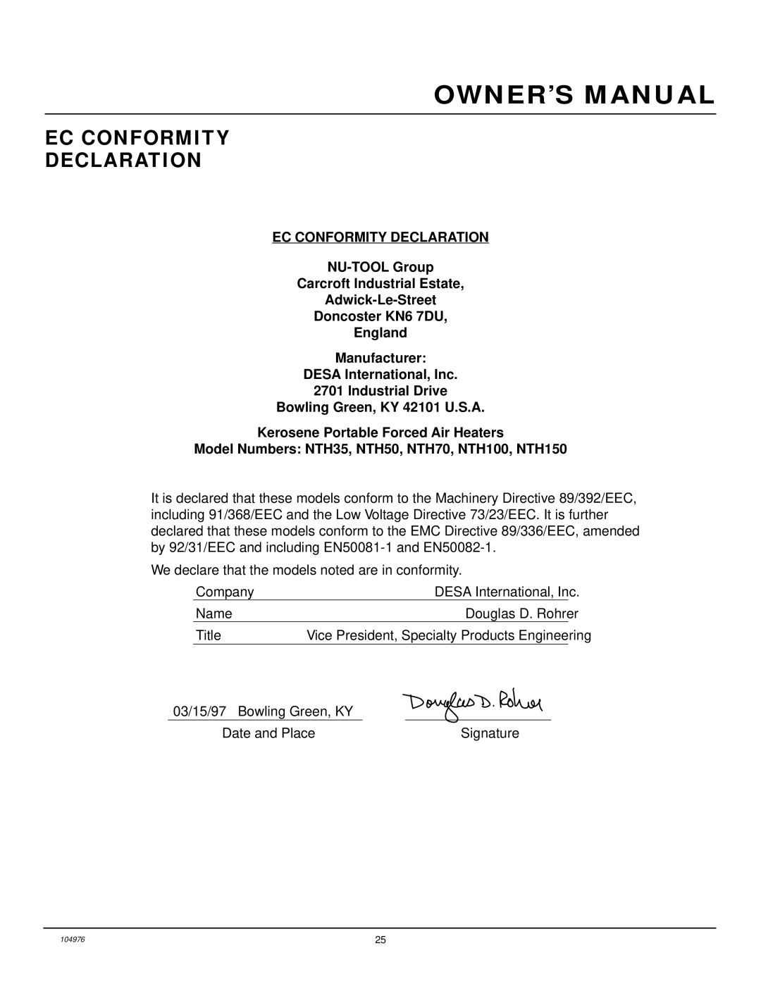 Desa NTH150, NTH50, NTH100, NTH70, NTH35 owner manual EC Conformity Declaration 