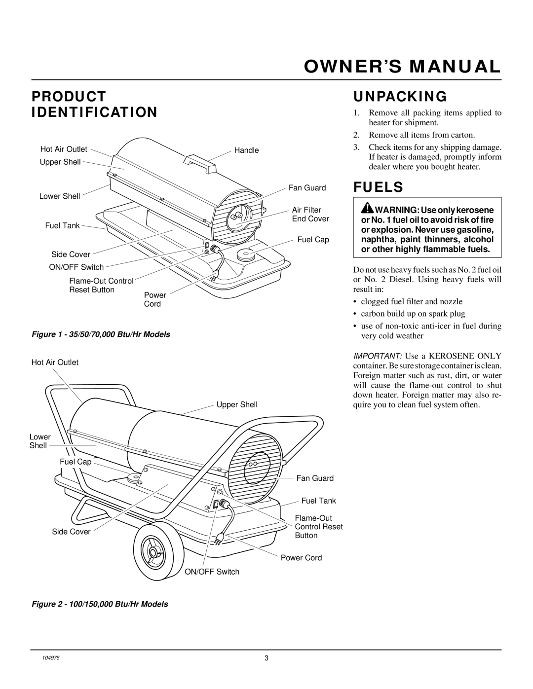 Desa NTH70, NTH150, NTH50, NTH100, NTH35 owner manual Product Identification, Unpacking, Fuels 