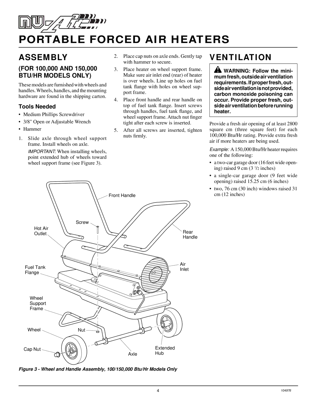 Desa NTH35, NTH150, NTH50, NTH100, NTH70 owner manual Assembly, Ventilation, Tools Needed 