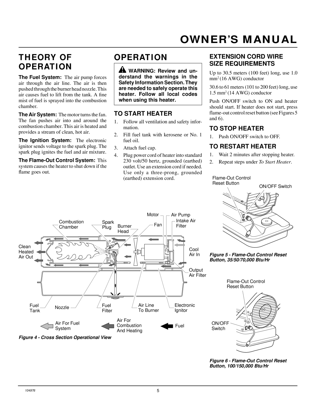 Desa NTH150 Theory Operation, To Start Heater, Extension Cord Wire Size Requirements, To Stop Heater, To Restart Heater 