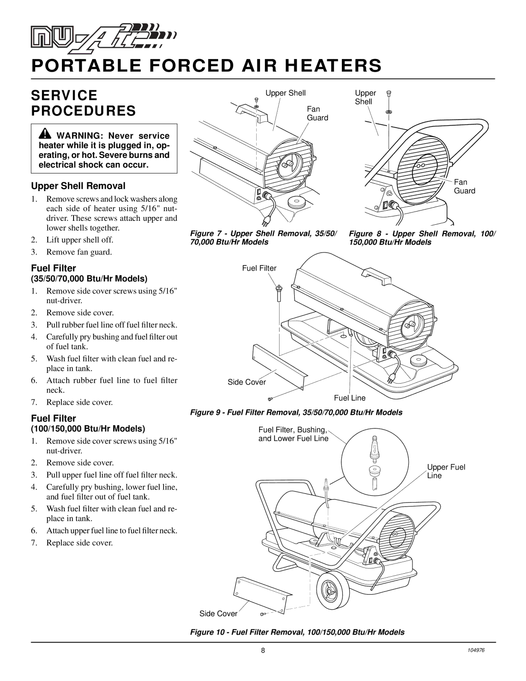 Desa NTH70, NTH150, NTH50, NTH100, NTH35 owner manual Service Procedures, Upper Shell Removal, Fuel Filter 