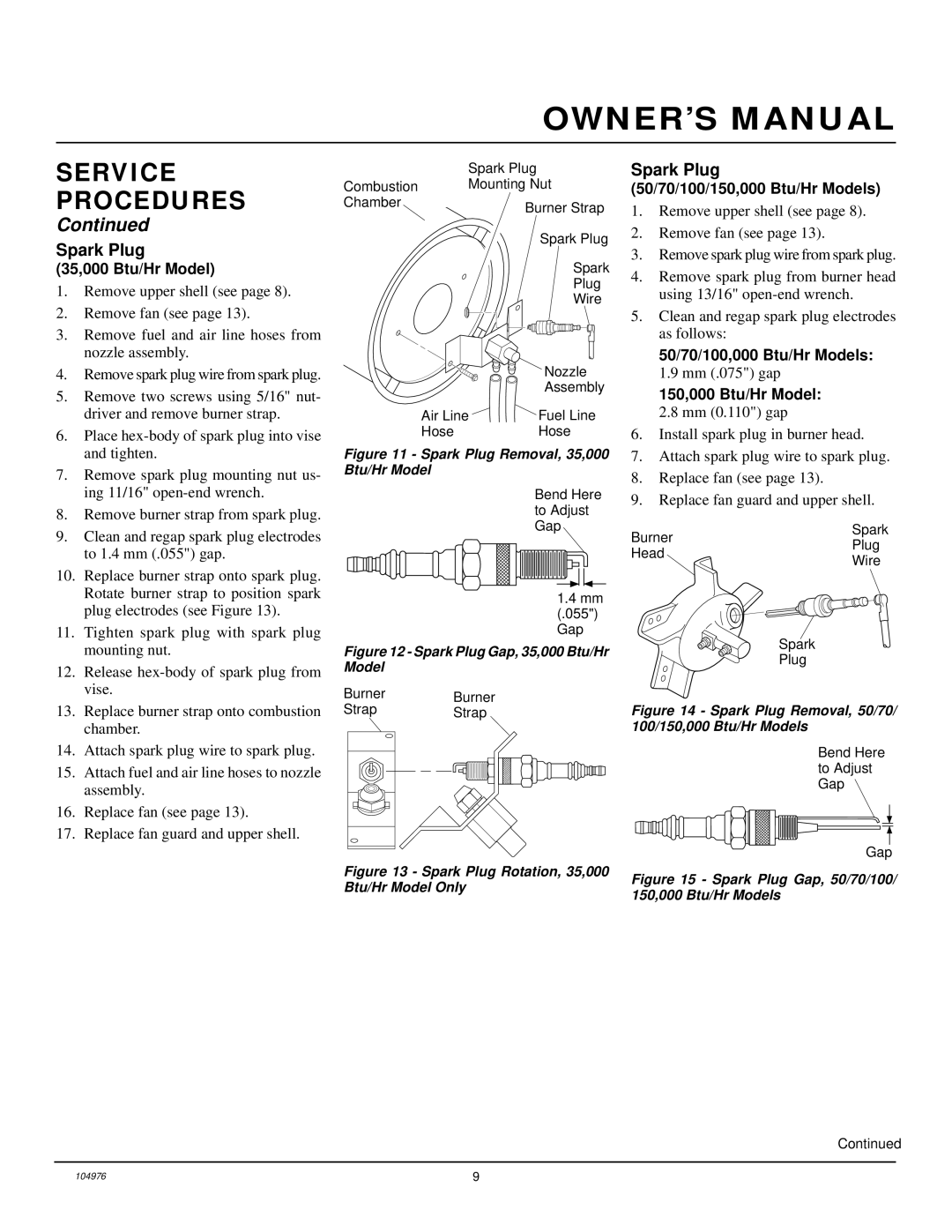 Desa NTH35, NTH150, NTH50, NTH100, NTH70 owner manual Spark Plug, 35,000 Btu/Hr Model 